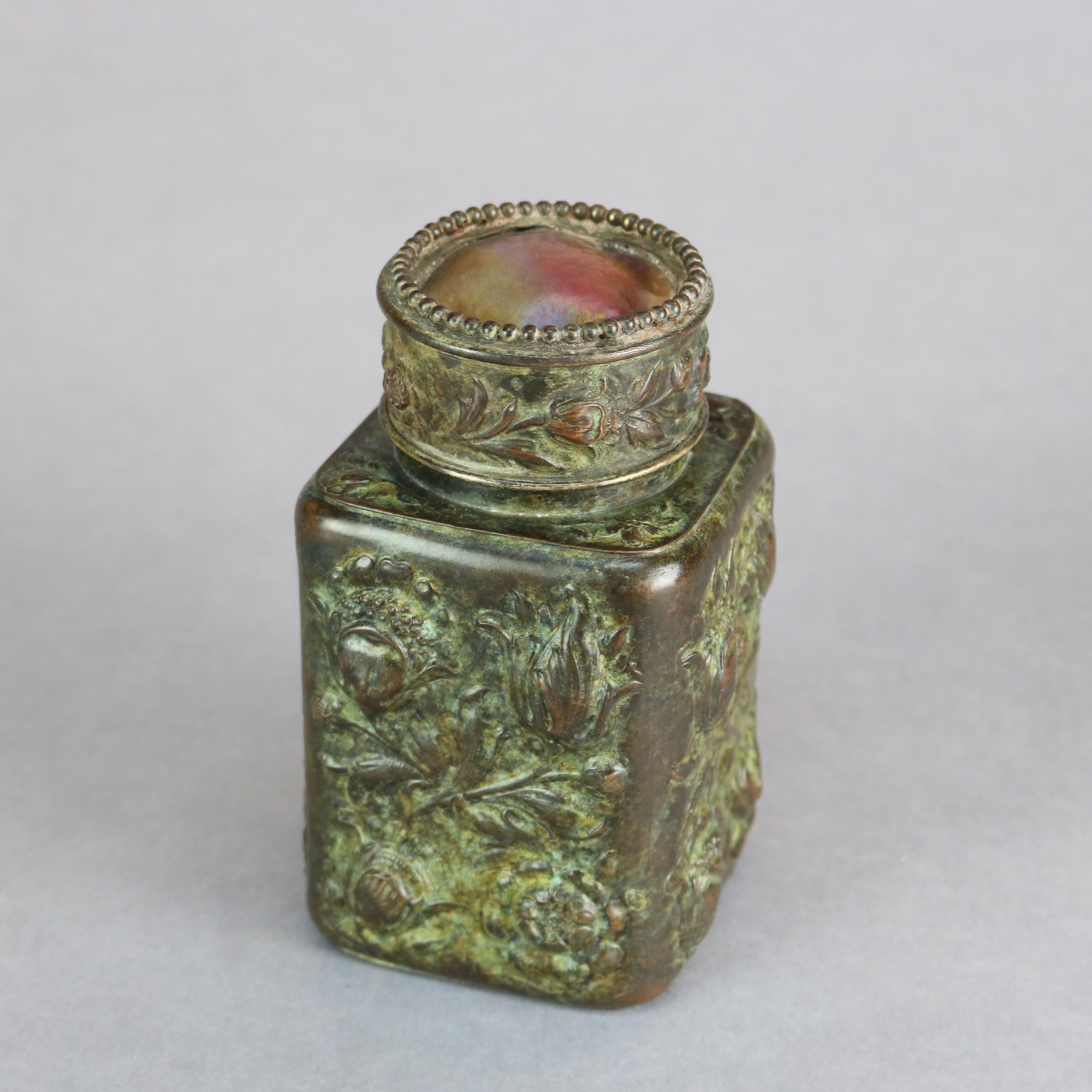 Bronze Repousse & Art Glass Tobacco Jar After Tiffany, 20th C In Good Condition In Big Flats, NY