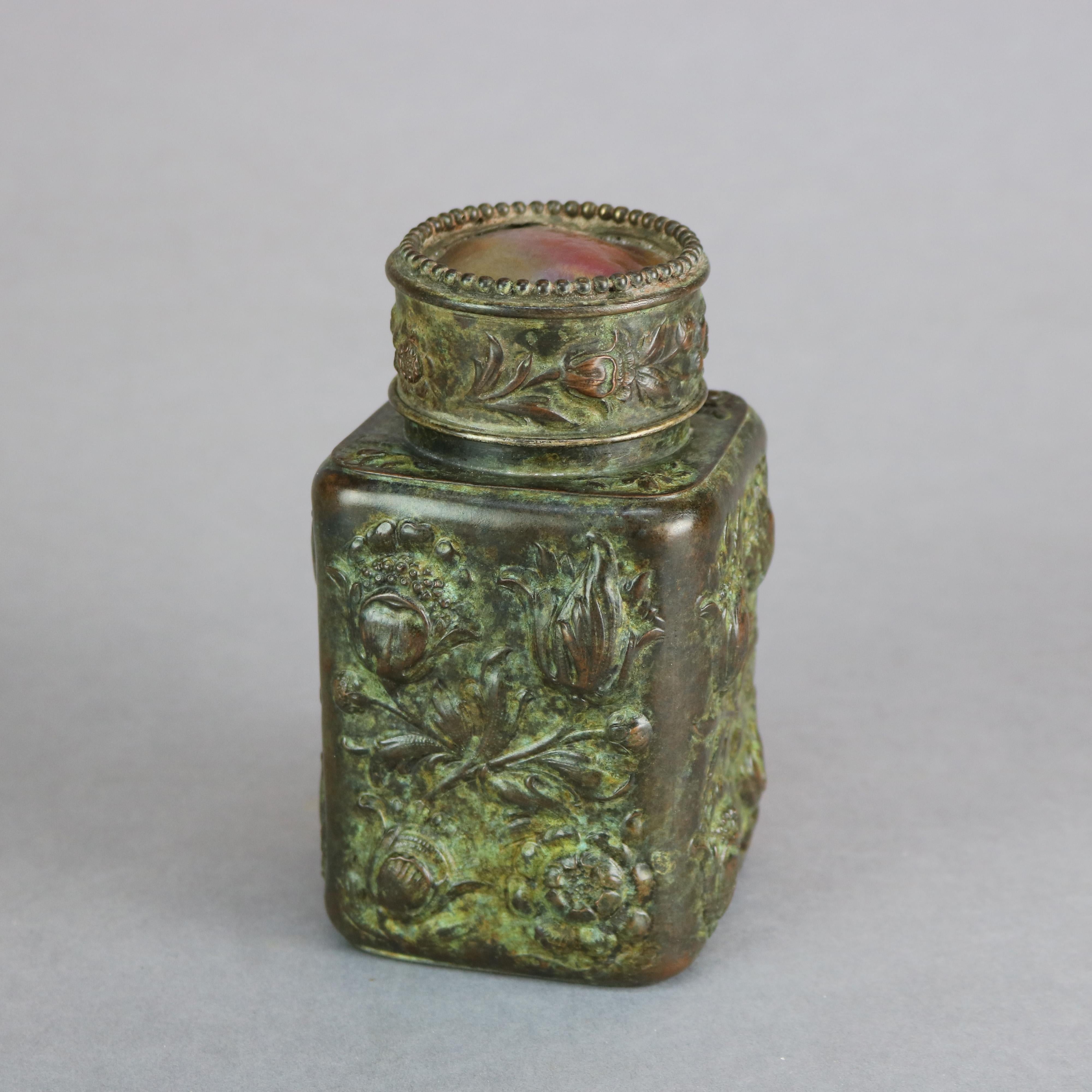 20th Century Bronze Repousse & Art Glass Tobacco Jar After Tiffany, 20th C