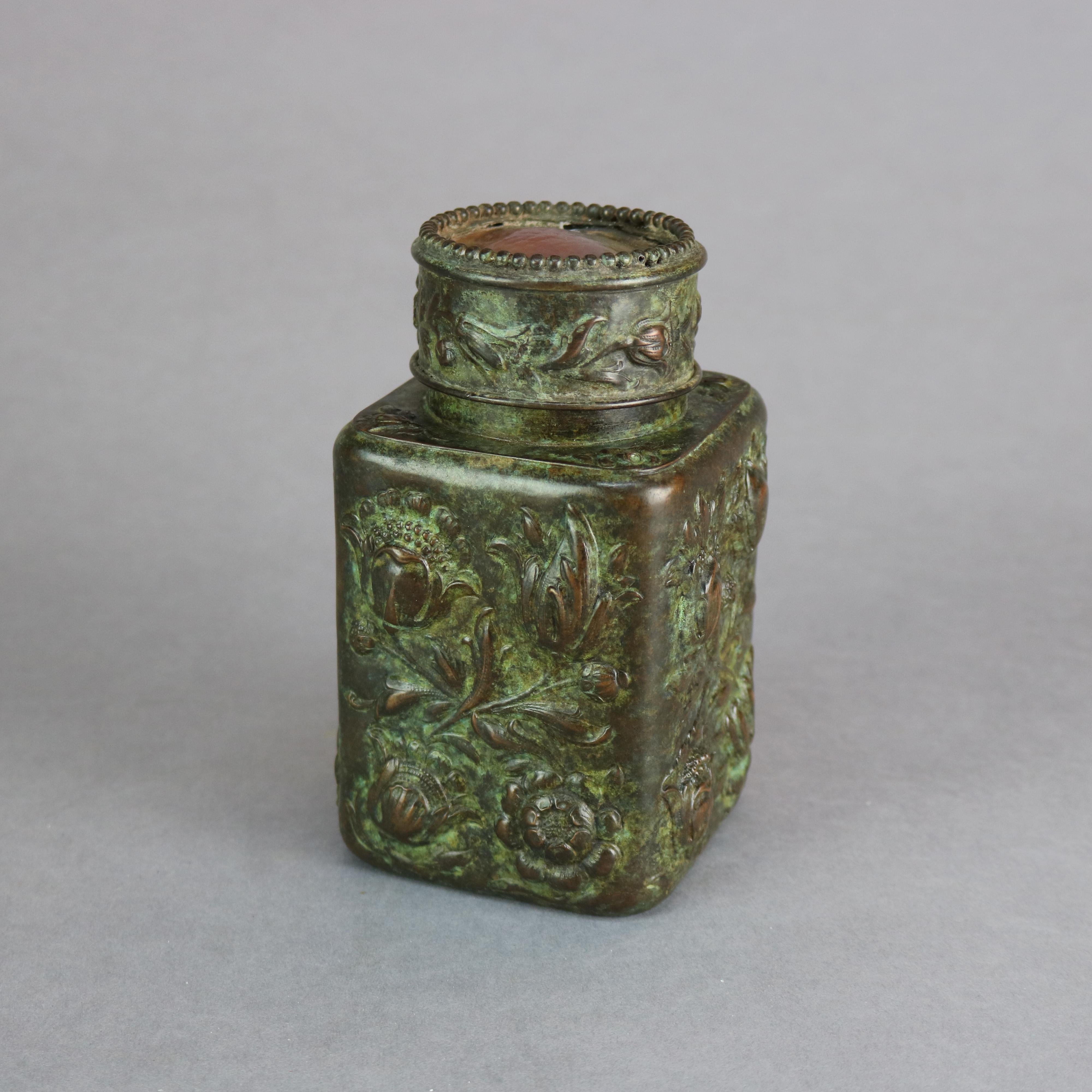 Bronze Repousse & Art Glass Tobacco Jar After Tiffany, 20th C 1