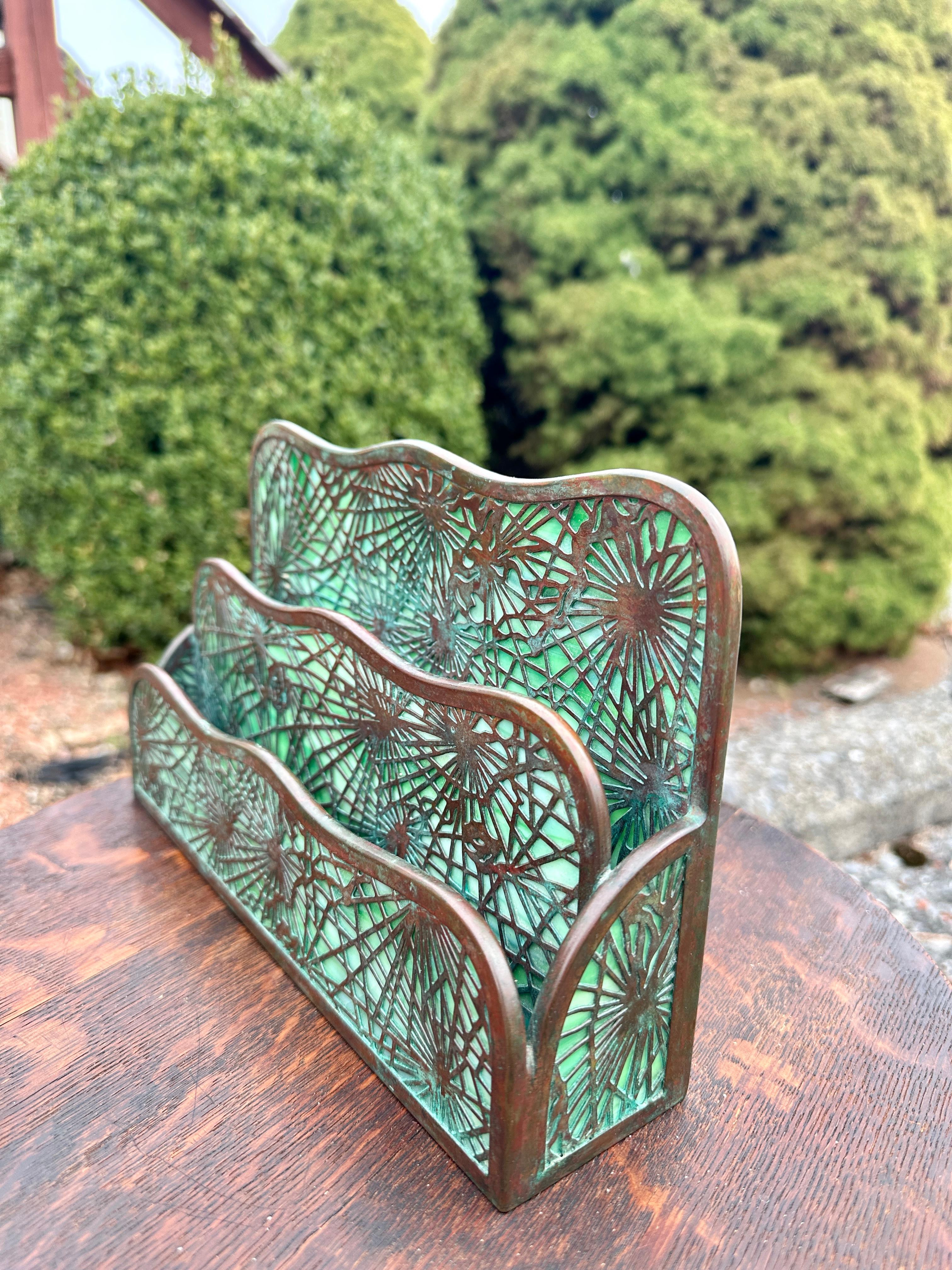 Tiffany Studios Bronze & Slag Glass Letter Holder - Stickley Era - W8373

This is a great desk accessory by Tiffany Studios in New York City.  It is marked and in pristine condition. This is the first time we've found a letter holder like this with