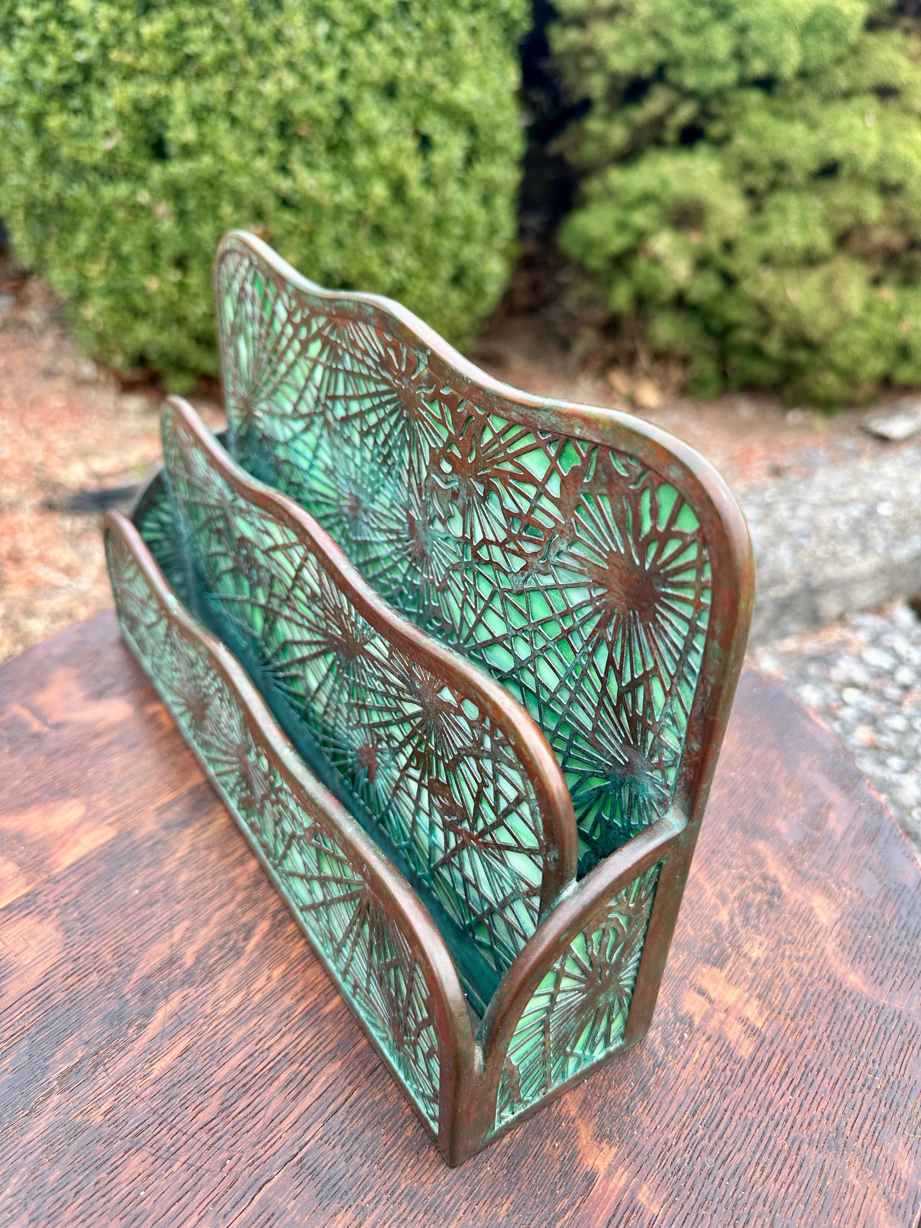 Arts and Crafts Tiffany Studios Bronze & Slag Glass Letter Holder -  Stickley era W8373 For Sale