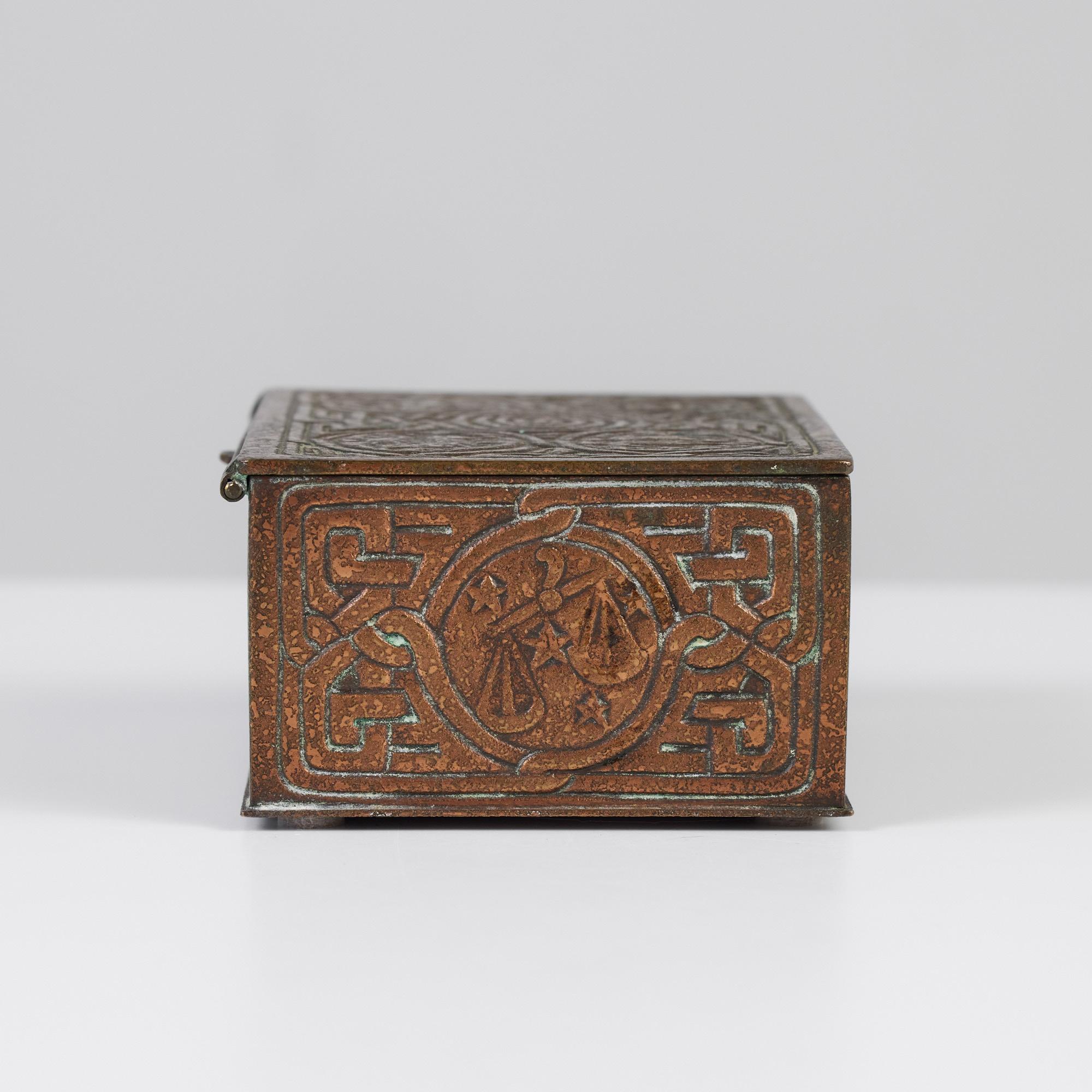 Tiffany Studios Bronze Zodiac Cigarette Box In Good Condition In Los Angeles, CA