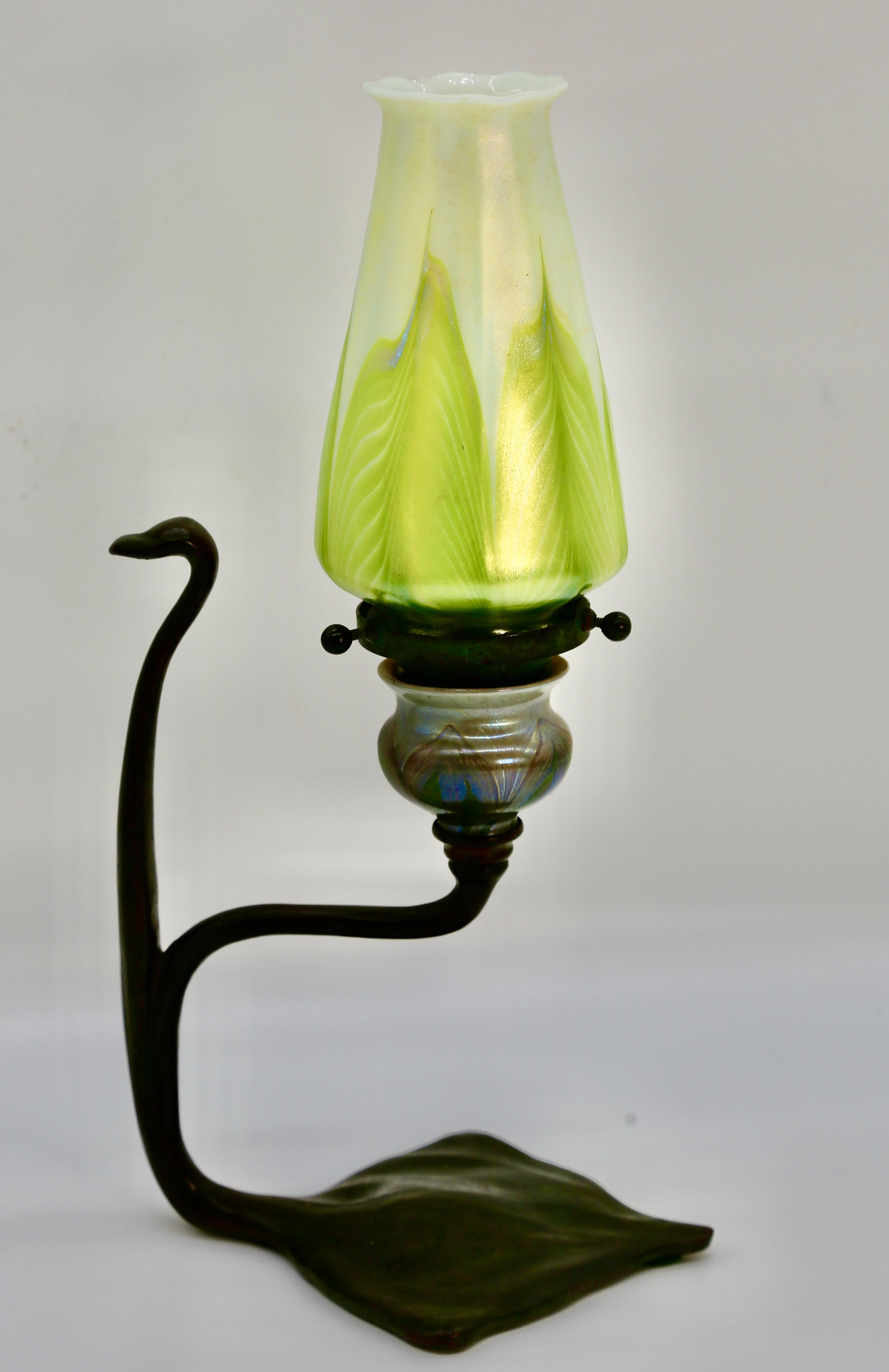 Tiffany Studios 'Cobra’ Candlestick Bronze Favrile Glass 'Pulled Feather' Shade 5