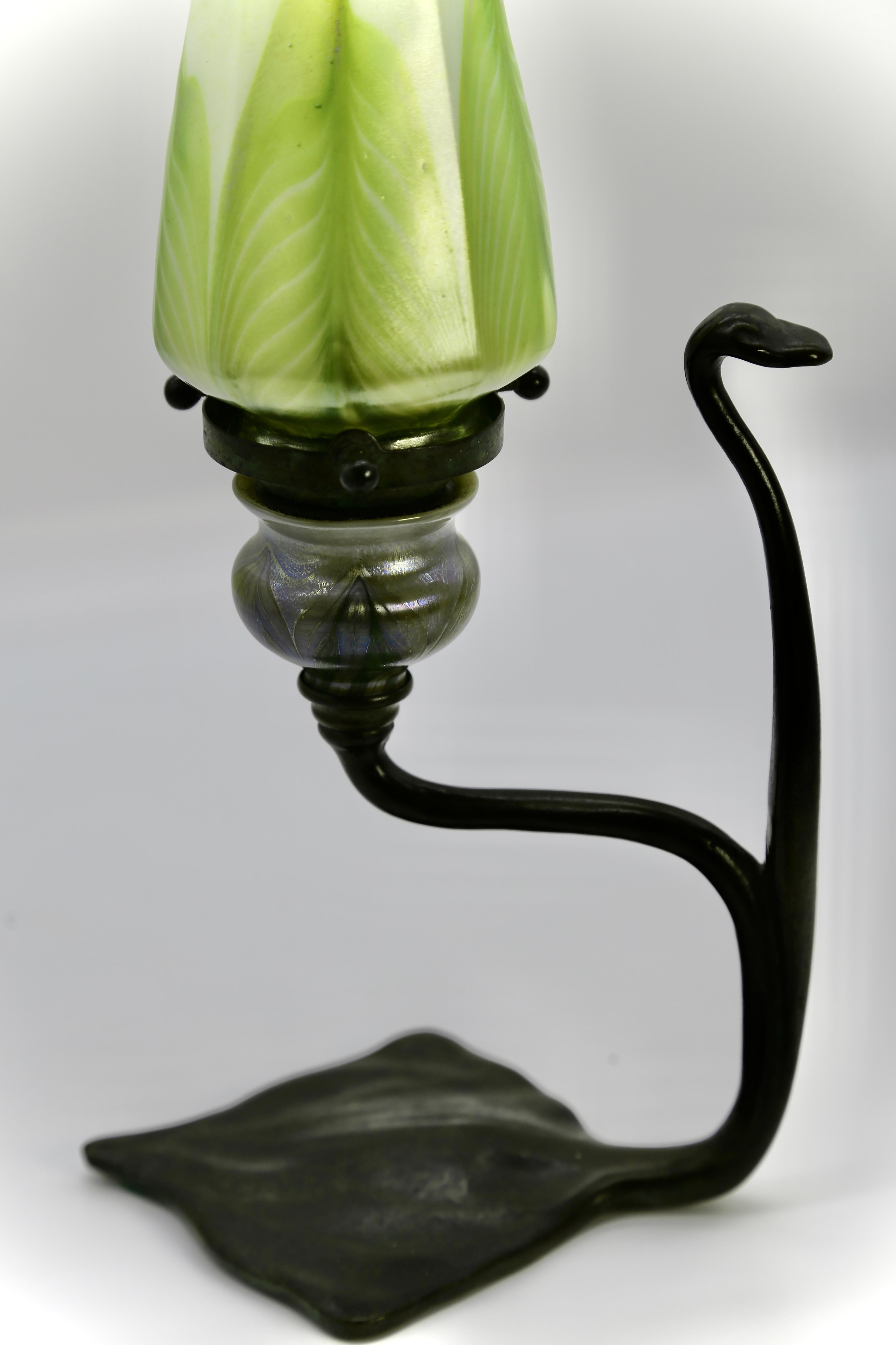 Tiffany Studios 'Cobra’ Candlestick Bronze Favrile Glass 'Pulled Feather' Shade 6