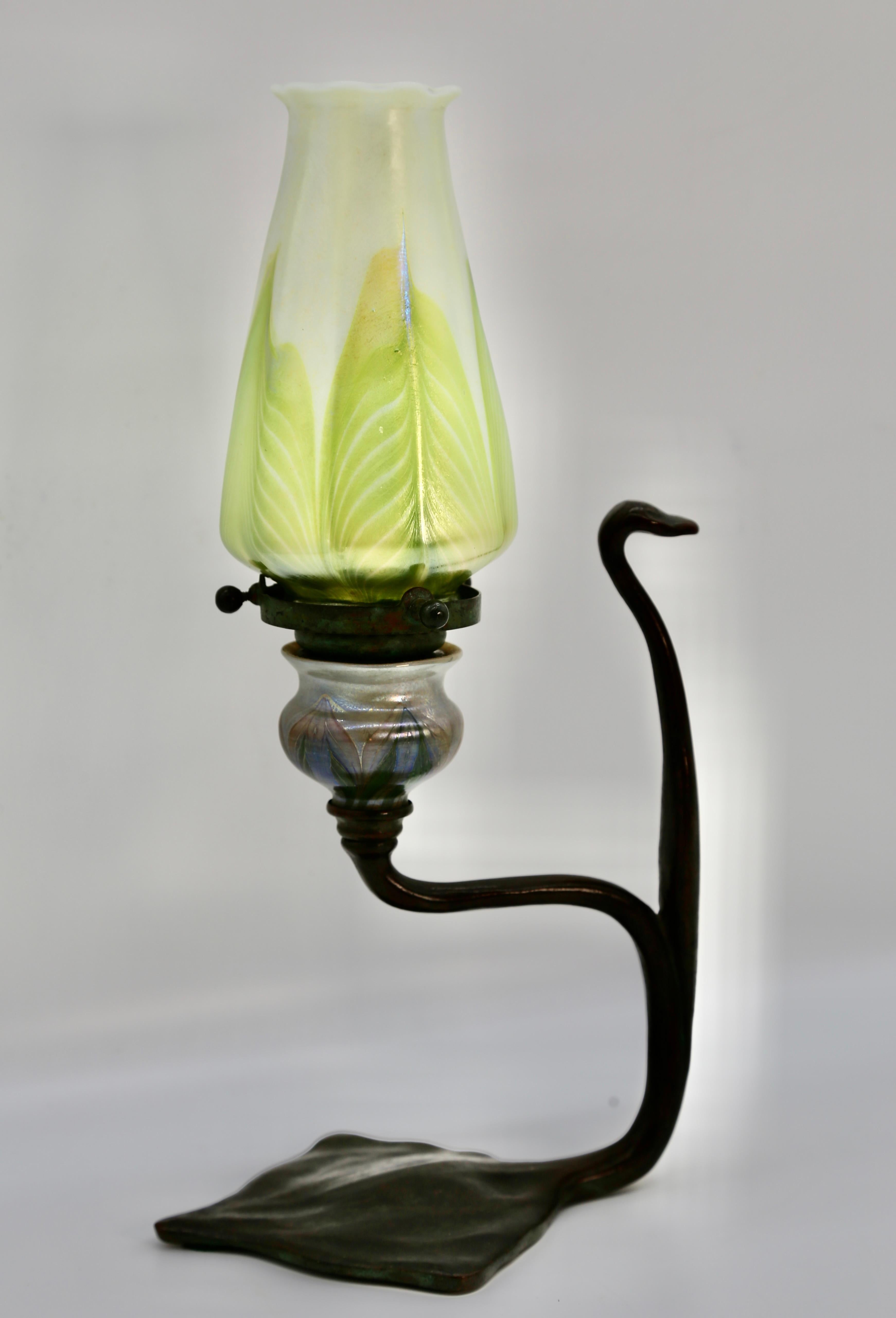 Art Nouveau Tiffany Studios 'Cobra’ Candlestick Bronze Favrile Glass 'Pulled Feather' Shade