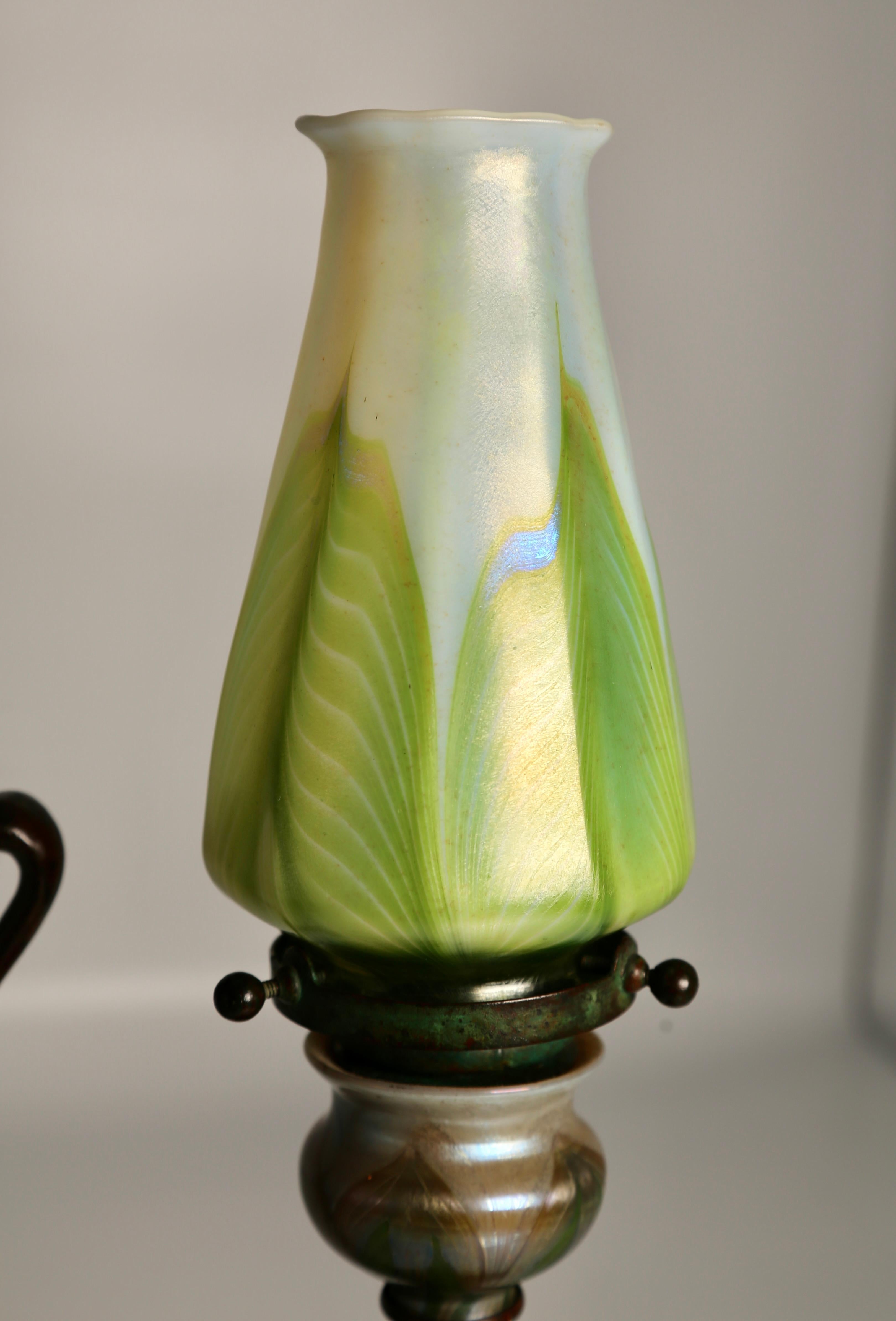 American Tiffany Studios 'Cobra’ Candlestick Bronze Favrile Glass 'Pulled Feather' Shade