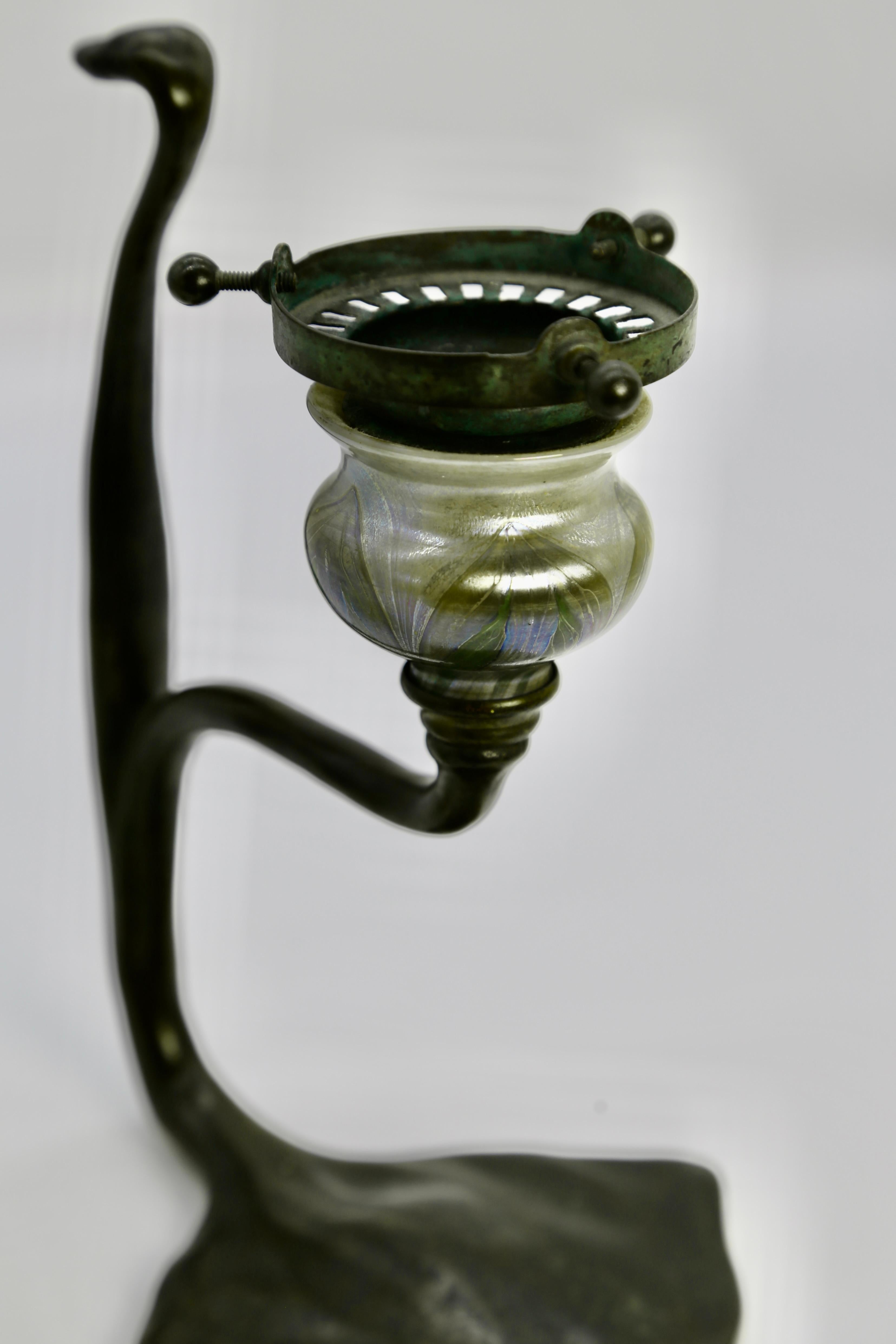 Tiffany Studios 'Cobra’ Candlestick Bronze Favrile Glass 'Pulled Feather' Shade 1