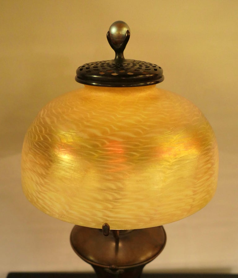 Art Nouveau Tiffany Studios Damascene Lamp Shade on Early Urn Base For Sale