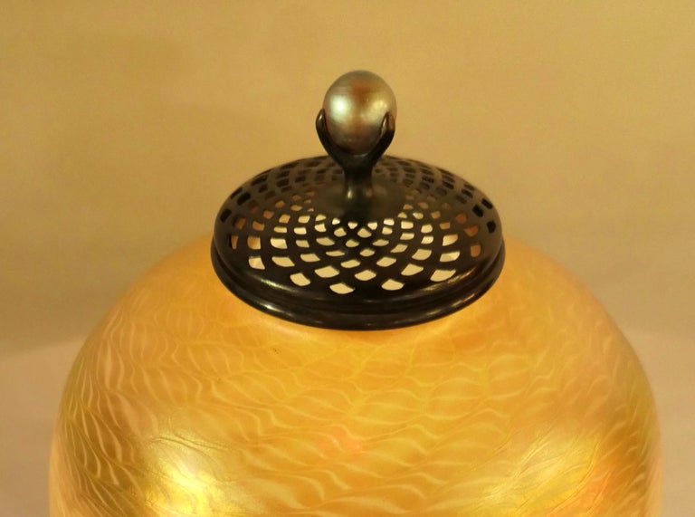American Tiffany Studios Damascene Lamp Shade on Early Urn Base For Sale