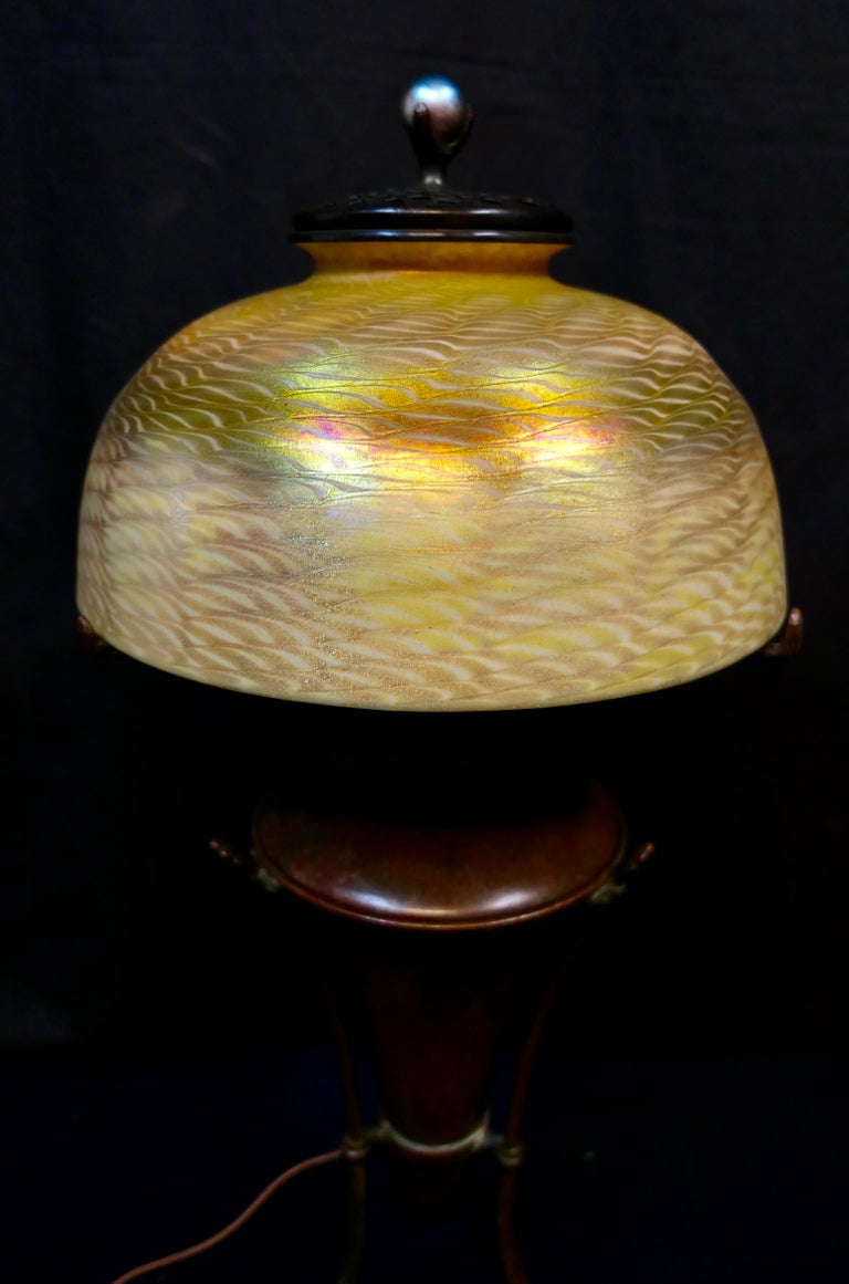 Patinated Tiffany Studios Damascene Lamp Shade on Early Urn Base For Sale