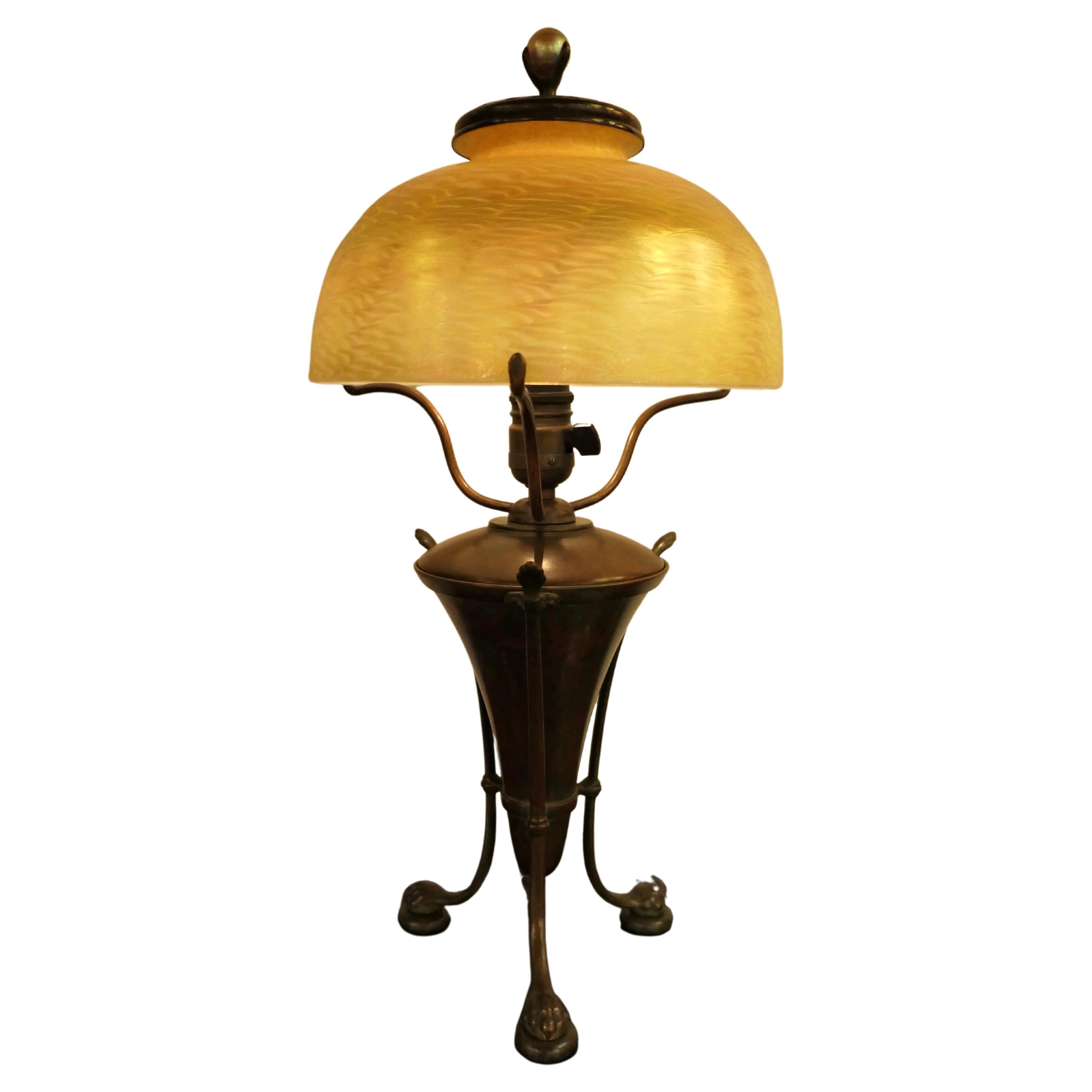 Tiffany Studios Damascene Lamp Shade on Early Urn Base In Good Condition In Bronx, NY
