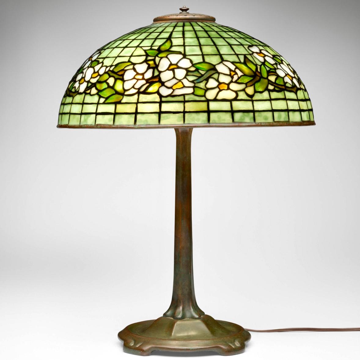Art Nouveau Tiffany Studios Dogwood Floral Stained Glass Table Lamp For Sale