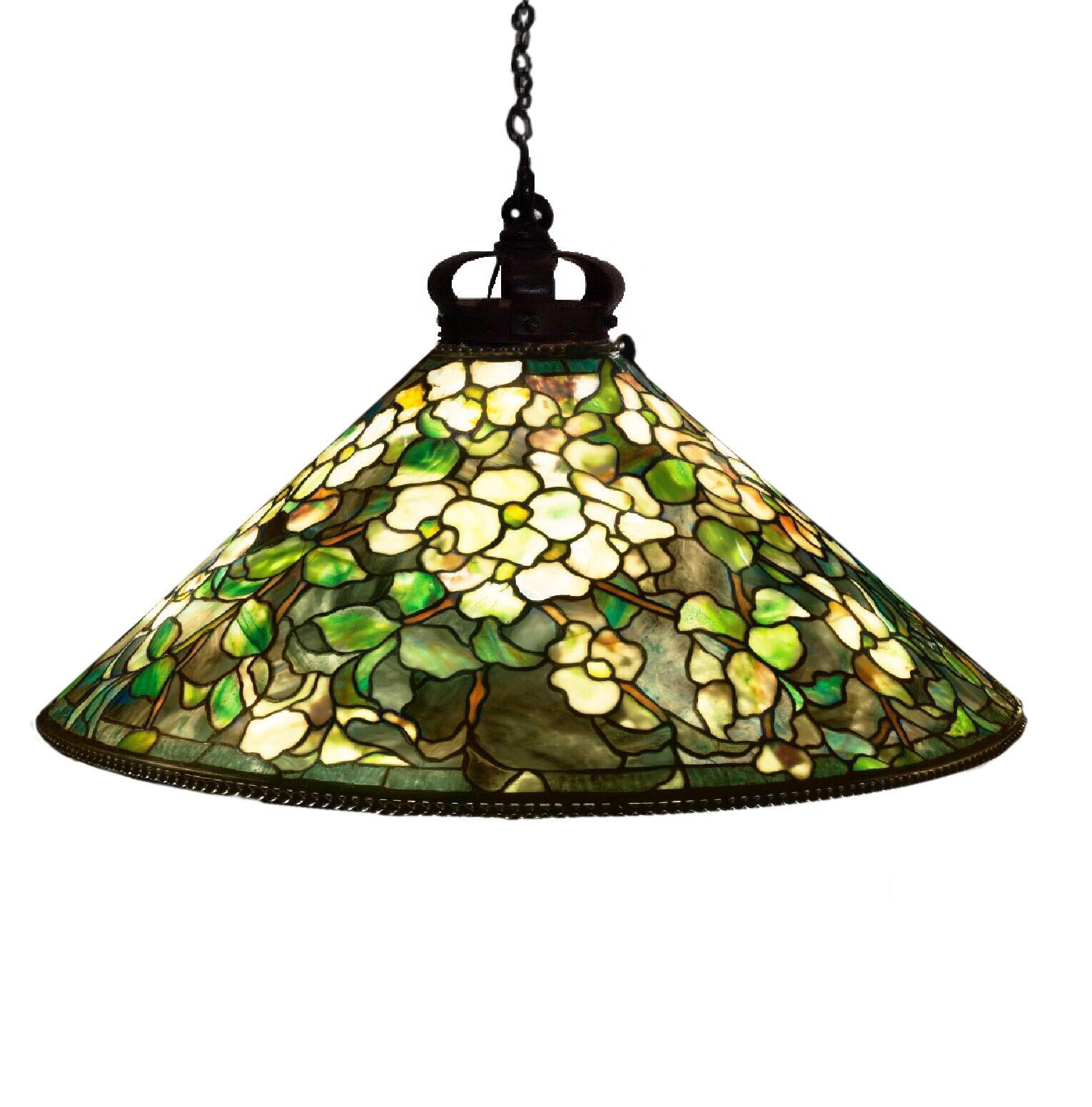 Authentic Tiffany Studios hanging lamp circa 1905 Dogwood pattern with a 28 3/4