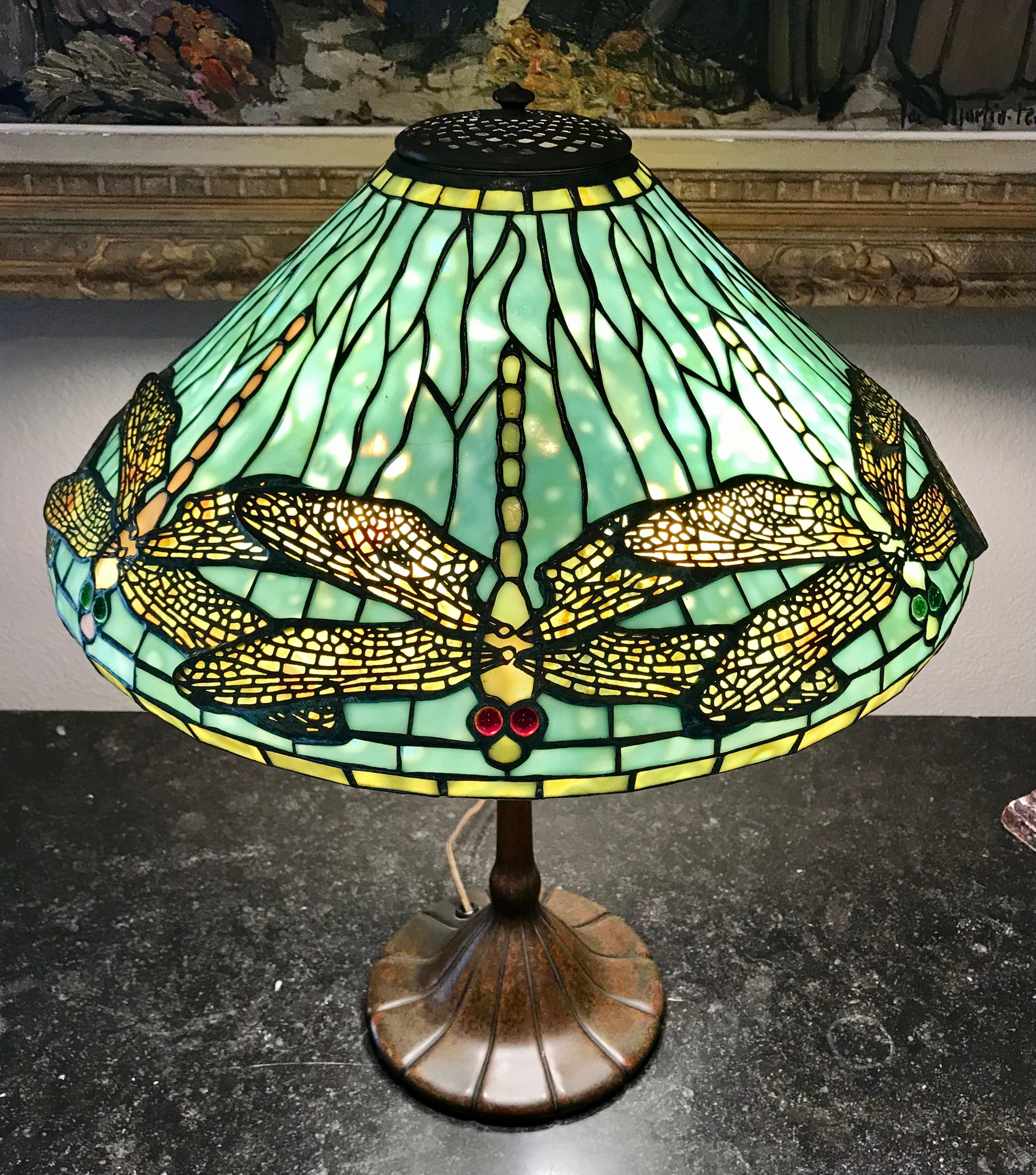 Art Nouveau Tiffany Studios Dragonfly Diachronic Confetti Table Lamp For Sale