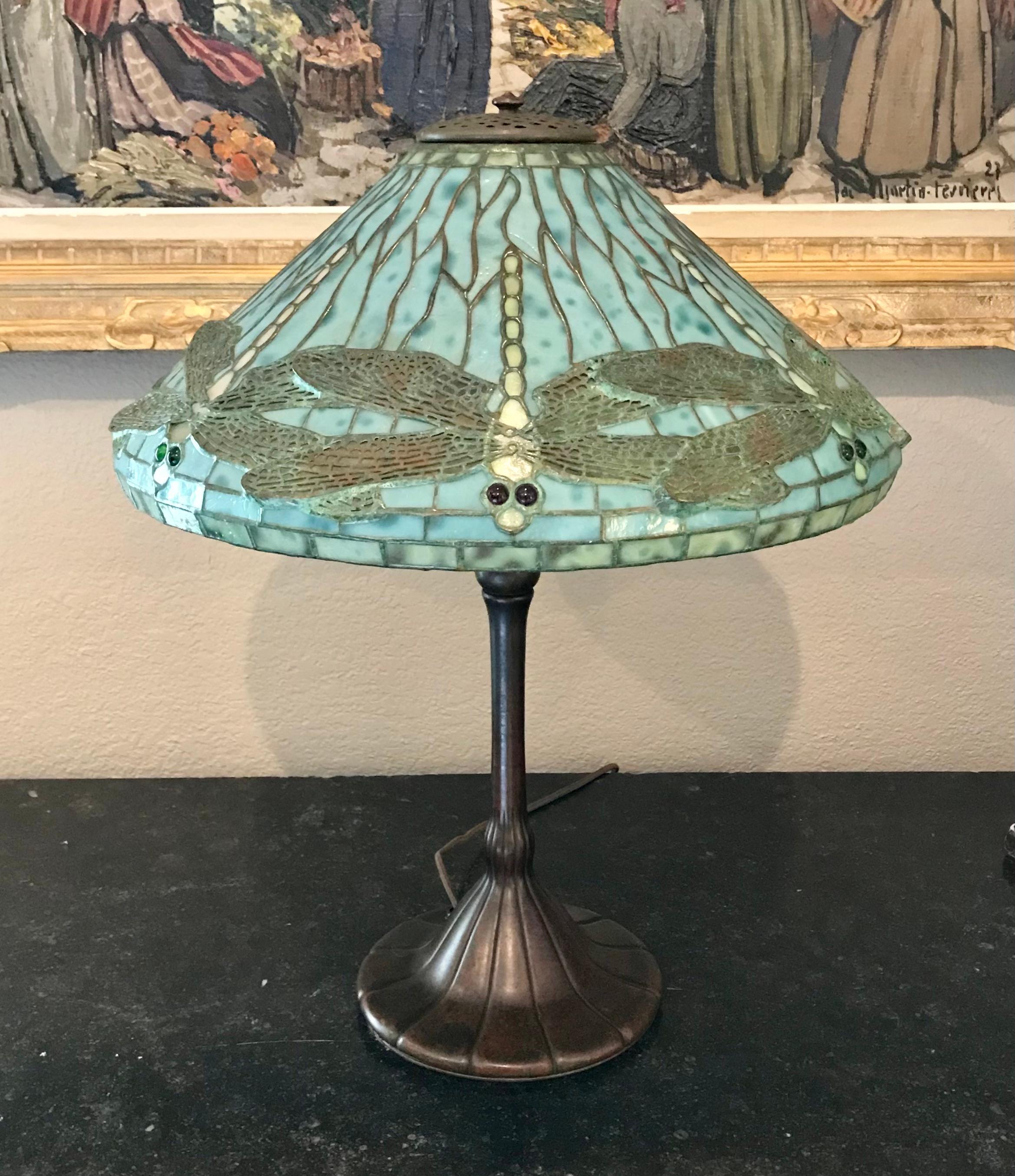 American Tiffany Studios Dragonfly Diachronic Confetti Table Lamp For Sale