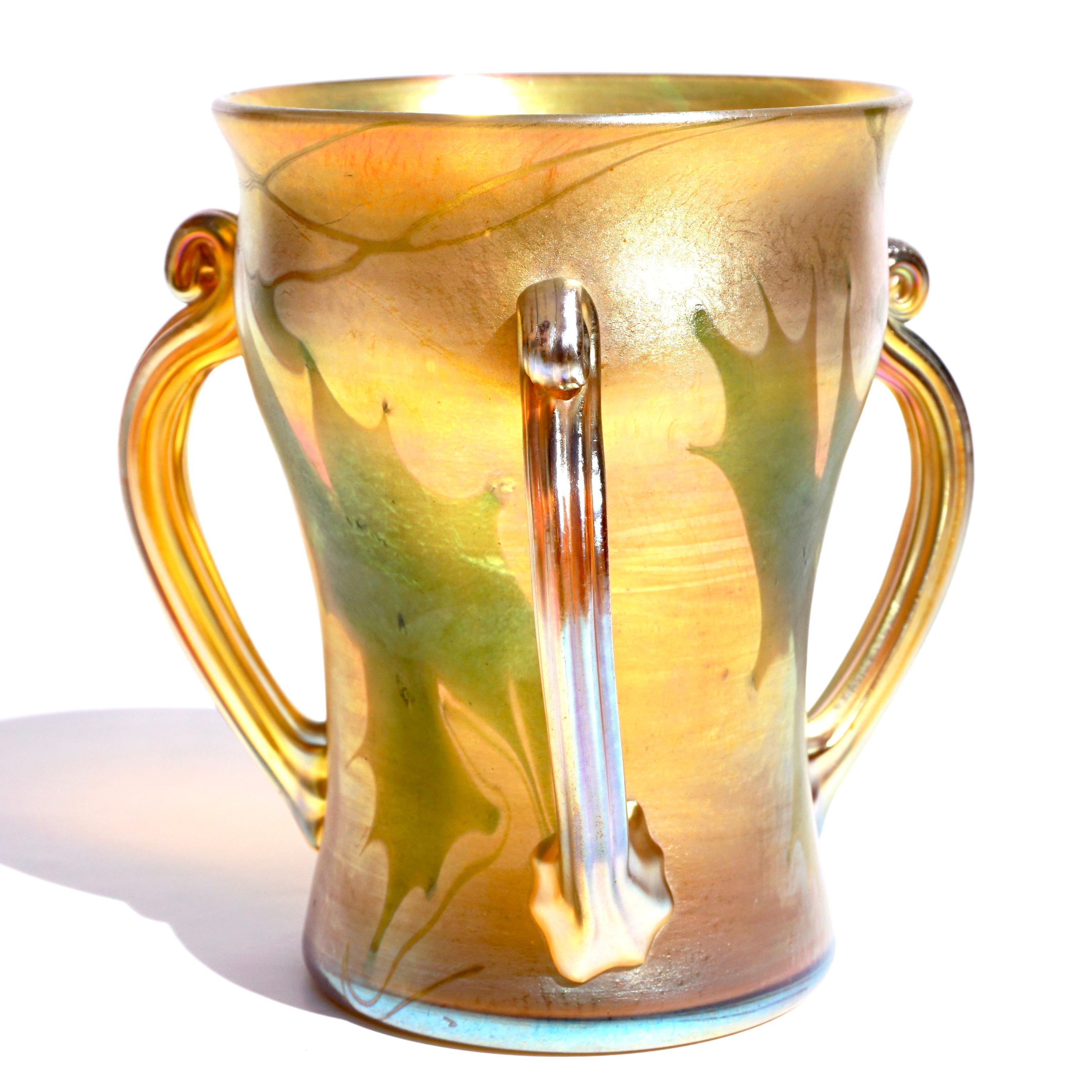 Art Nouveau Tiffany Studios Favrile Decorated Three Handled Vase For Sale