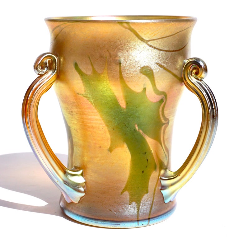 American Tiffany Studios Favrile Decorated Three Handled Vase For Sale