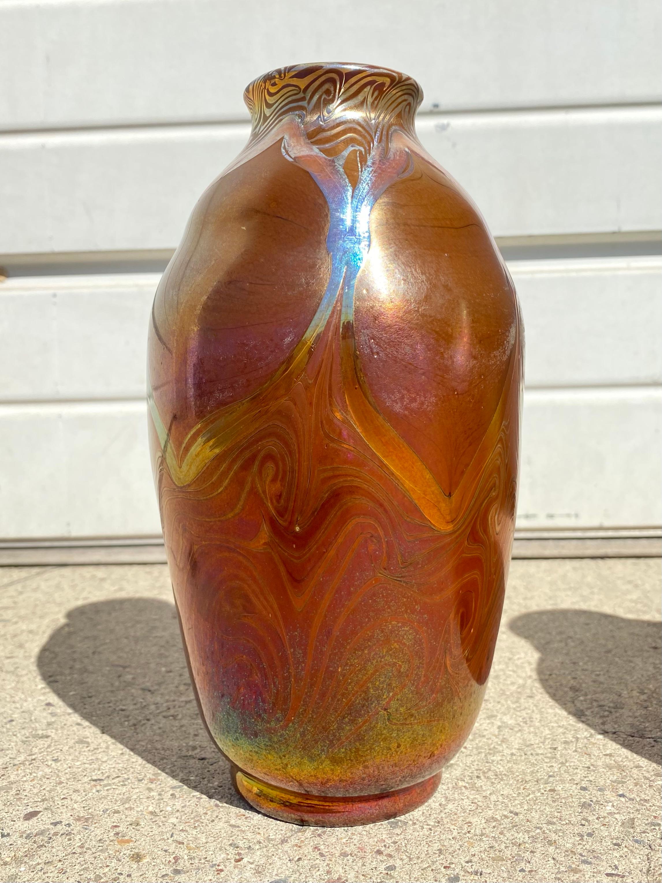 Art Nouveau Tiffany Studios Favrile Iridescent and Reactive Decorated Art Glass Vase