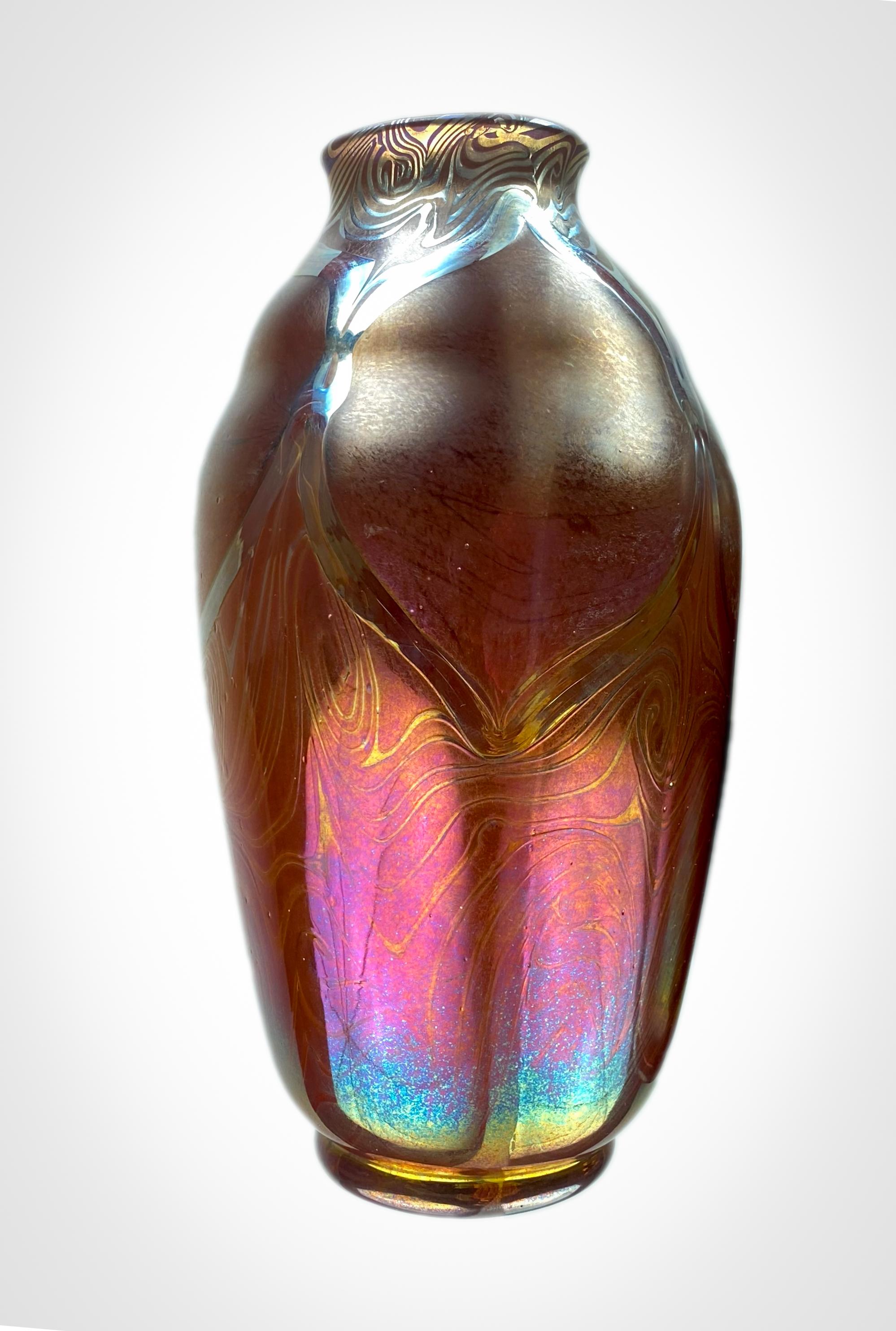 American Tiffany Studios Favrile Iridescent and Reactive Decorated Art Glass Vase