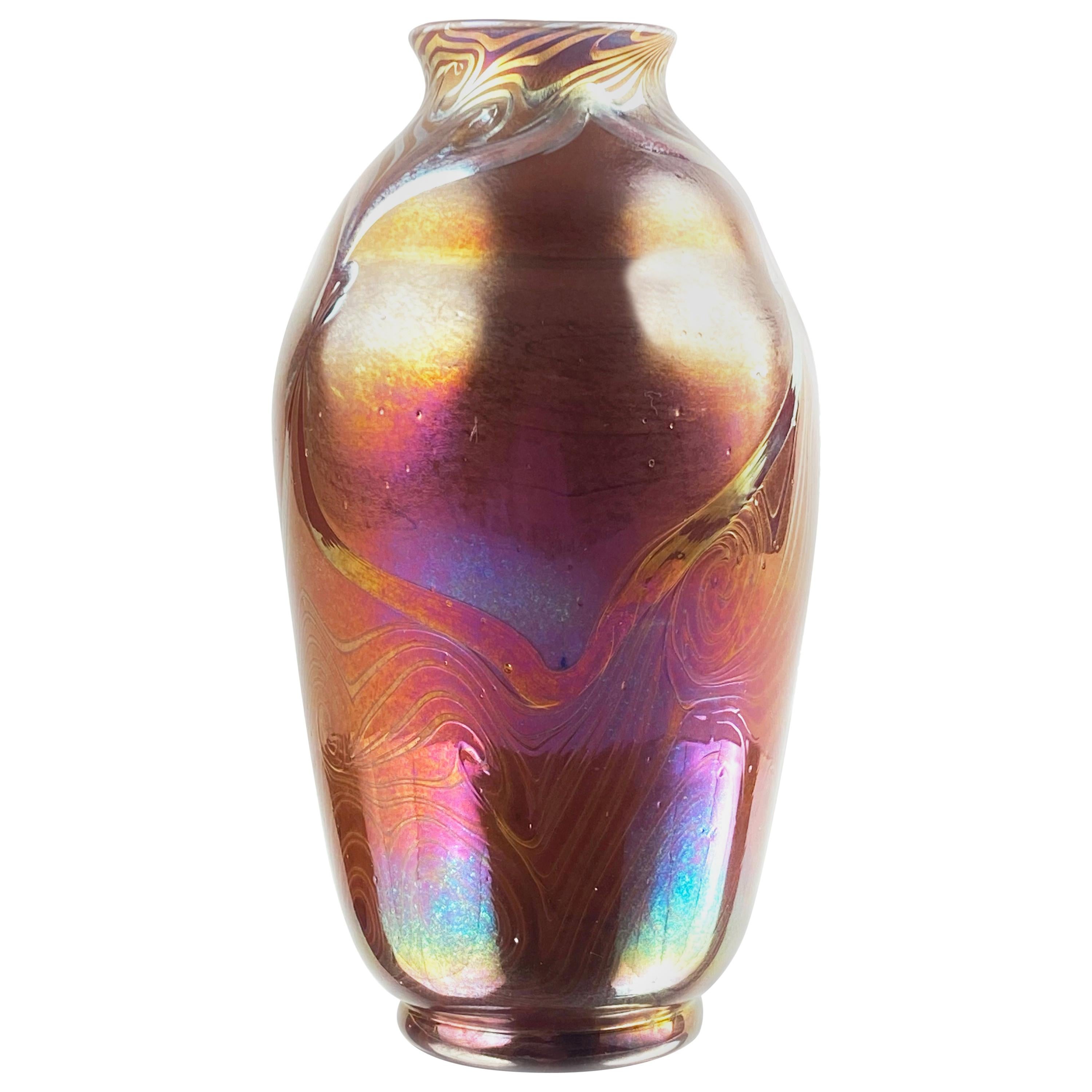 Tiffany Studios Favrile Iridescent and Reactive Decorated Art Glass Vase