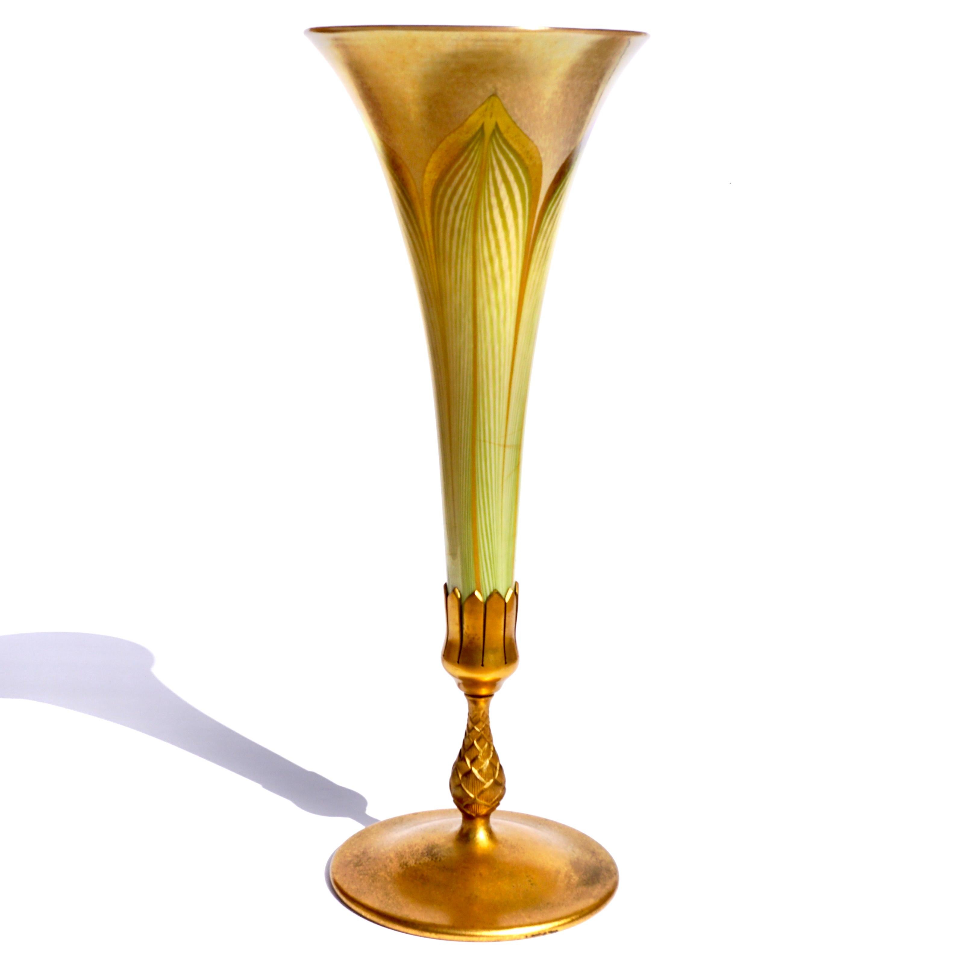American Tiffany Studios Favrile Pulled Feather Trumpet Vase