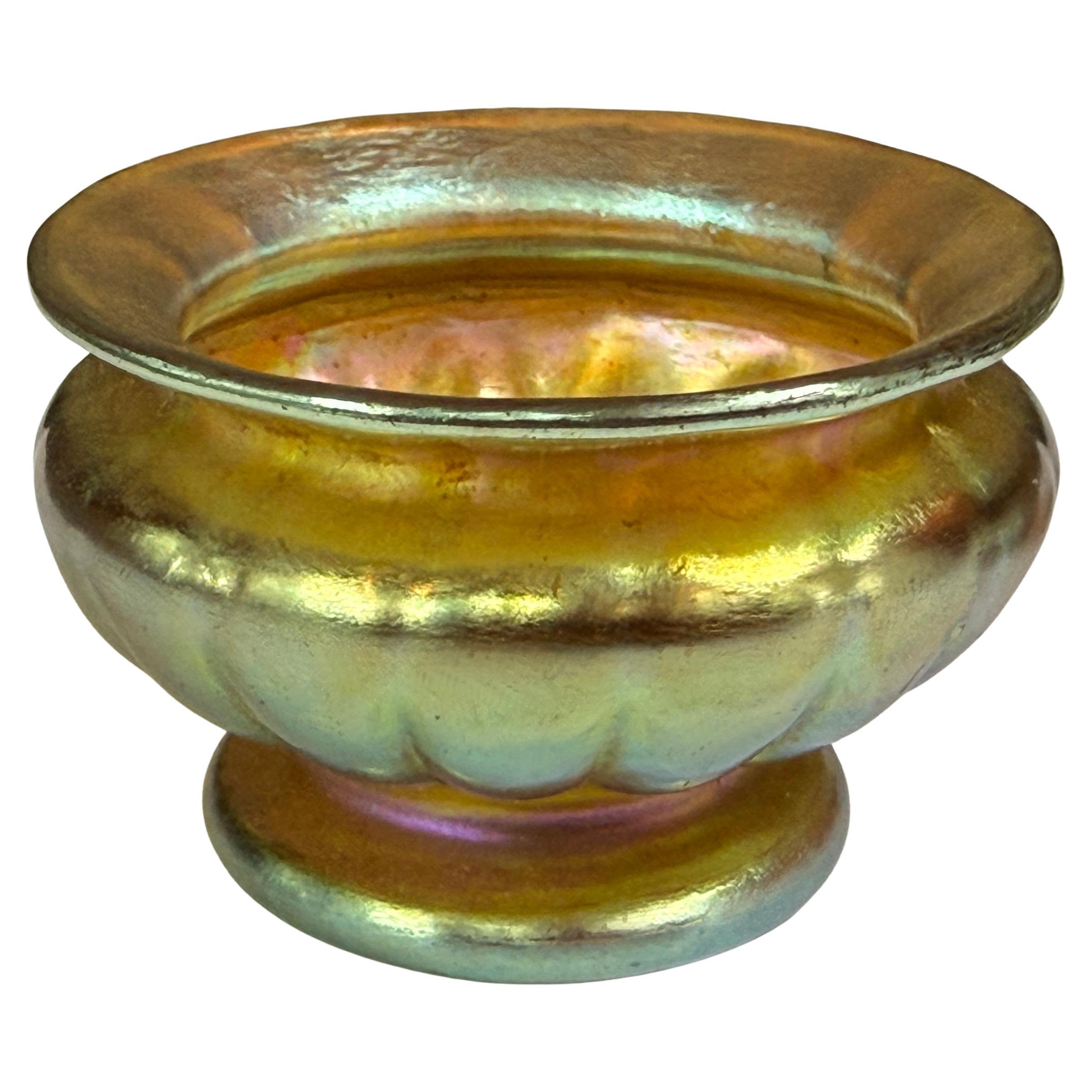Tiffany Studios Favrile Ribbed Iridescent Art glass Footed Open Salt
