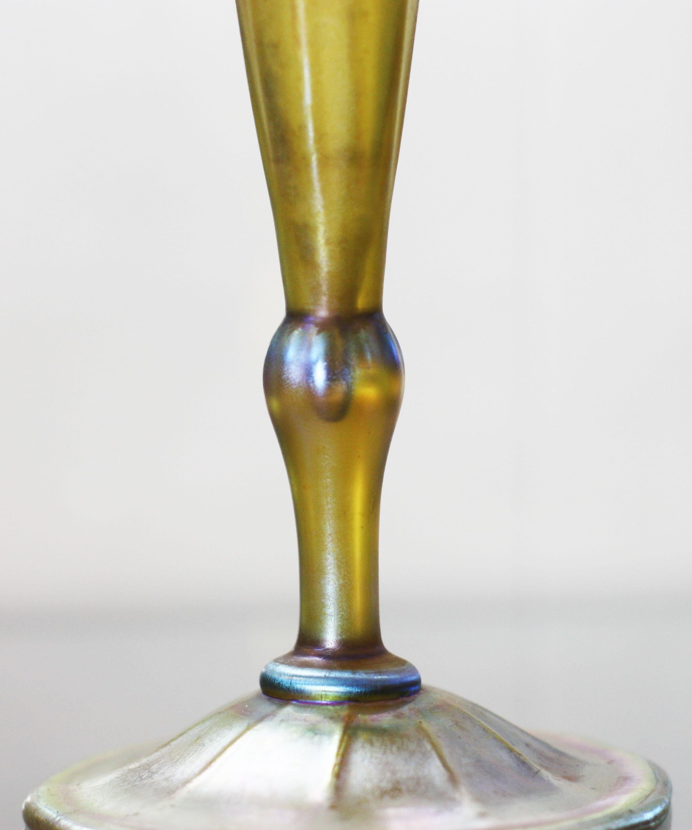 Art Glass Tiffany Studios Fine Ribbed Tiffany Favrile Glass Floriform Footed Vase