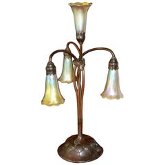 Used Tiffany Studios Four Lily Light Bronze Table Desk Lamp, circa 1900