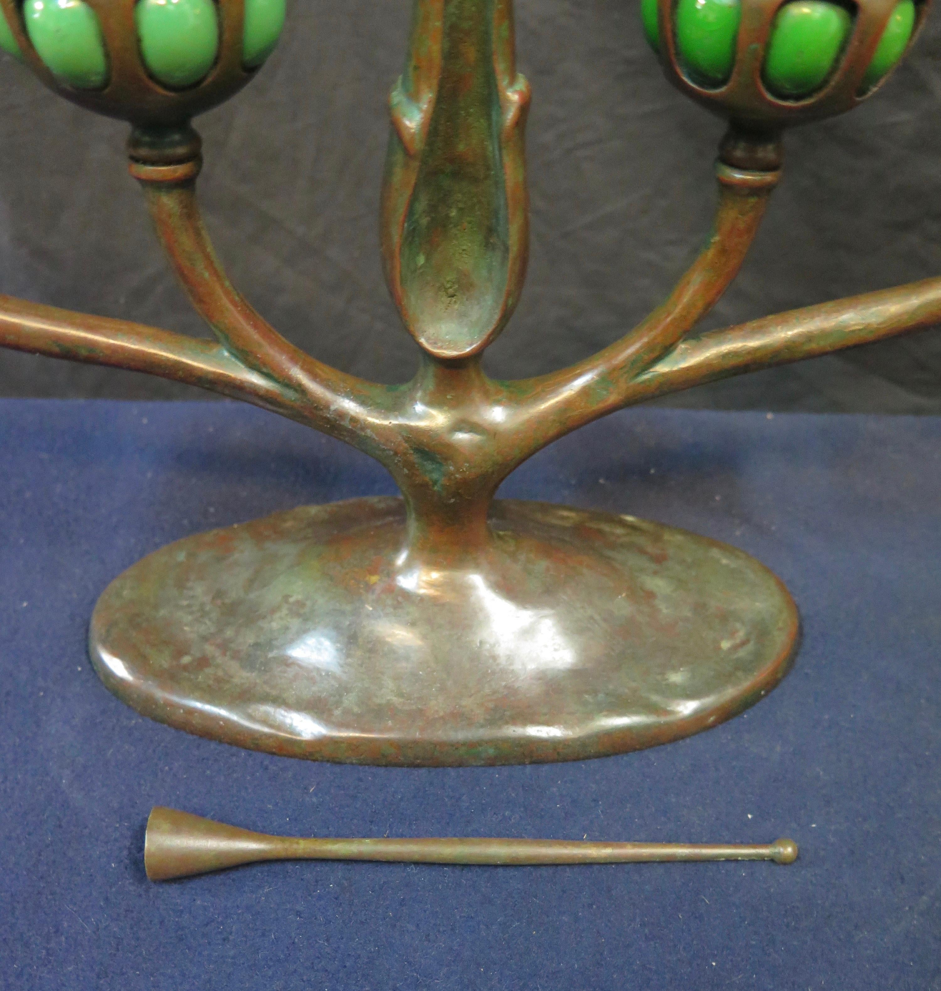 20th Century Tiffany Studios Four Place Candelabra with Blown Out Green Glass Candleholders For Sale