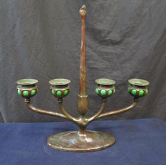 Tiffany Studios Four Place Candelabra with Blown Out Green Glass Candleholders