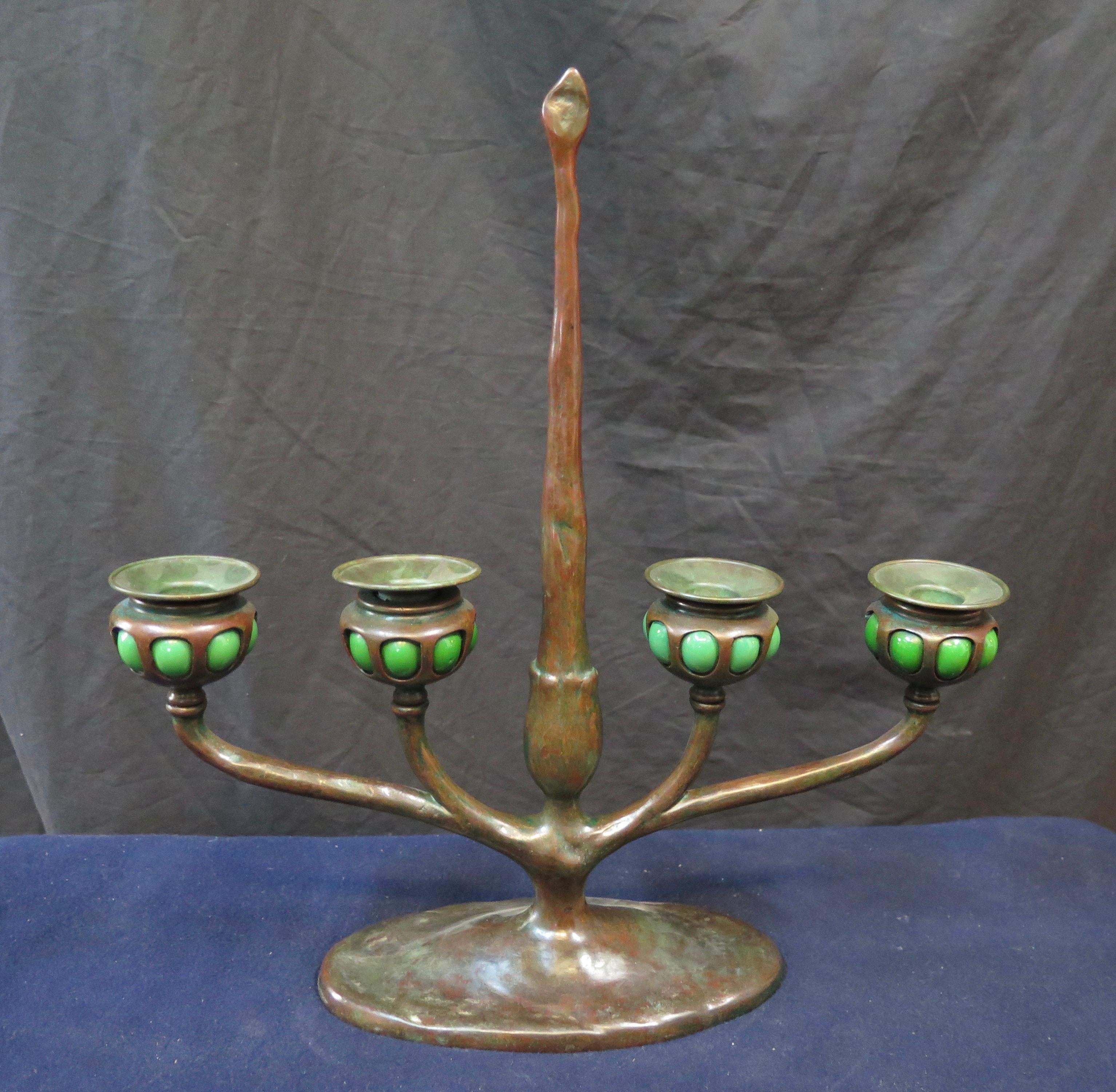 Patinated Tiffany Studios Four Place Candelabra with Blown Out Green Glass Candleholders