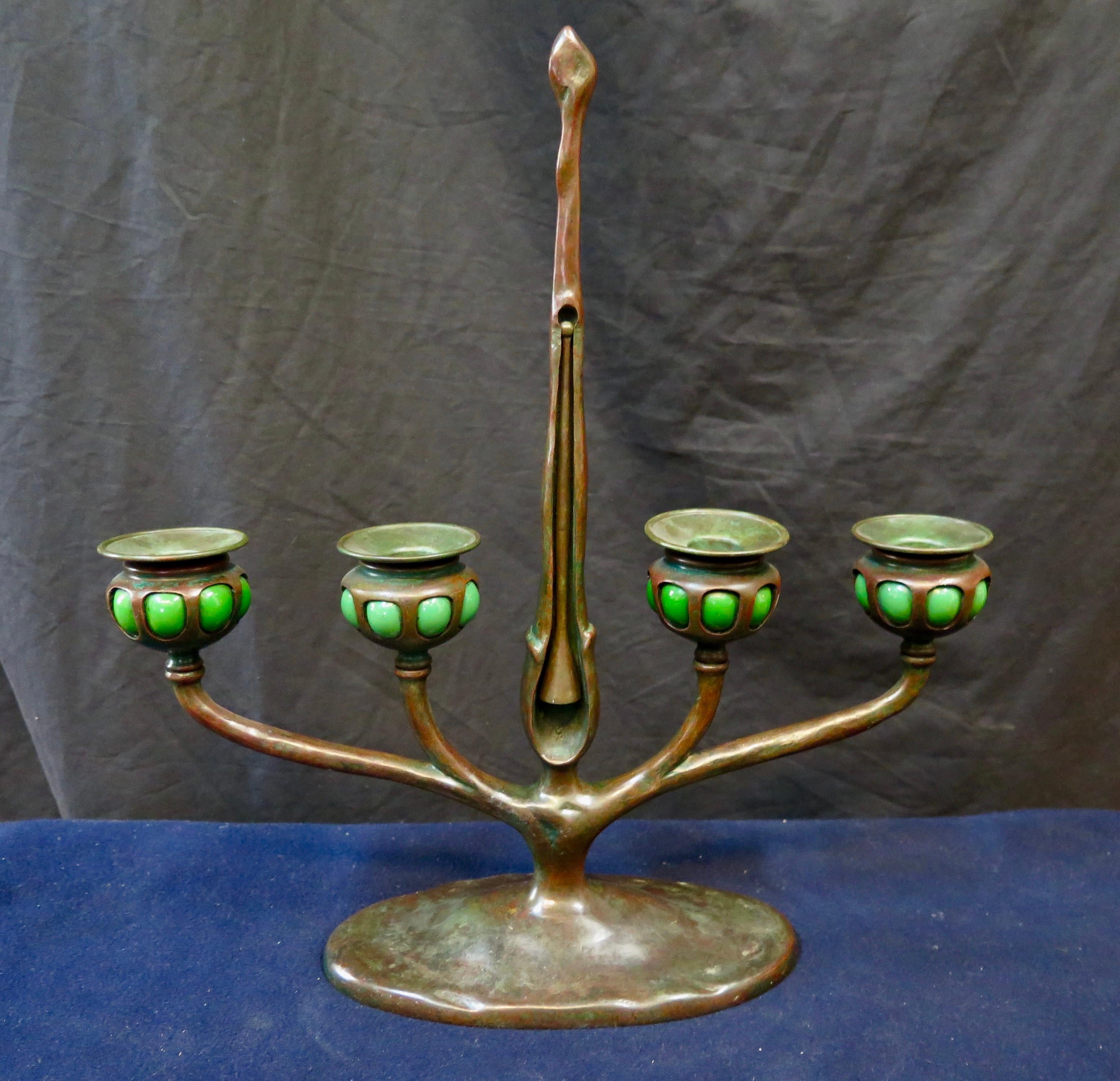 Tiffany Studios Four Place Candelabra with Blown Out Green Glass Candleholders In Good Condition In Bronx, NY