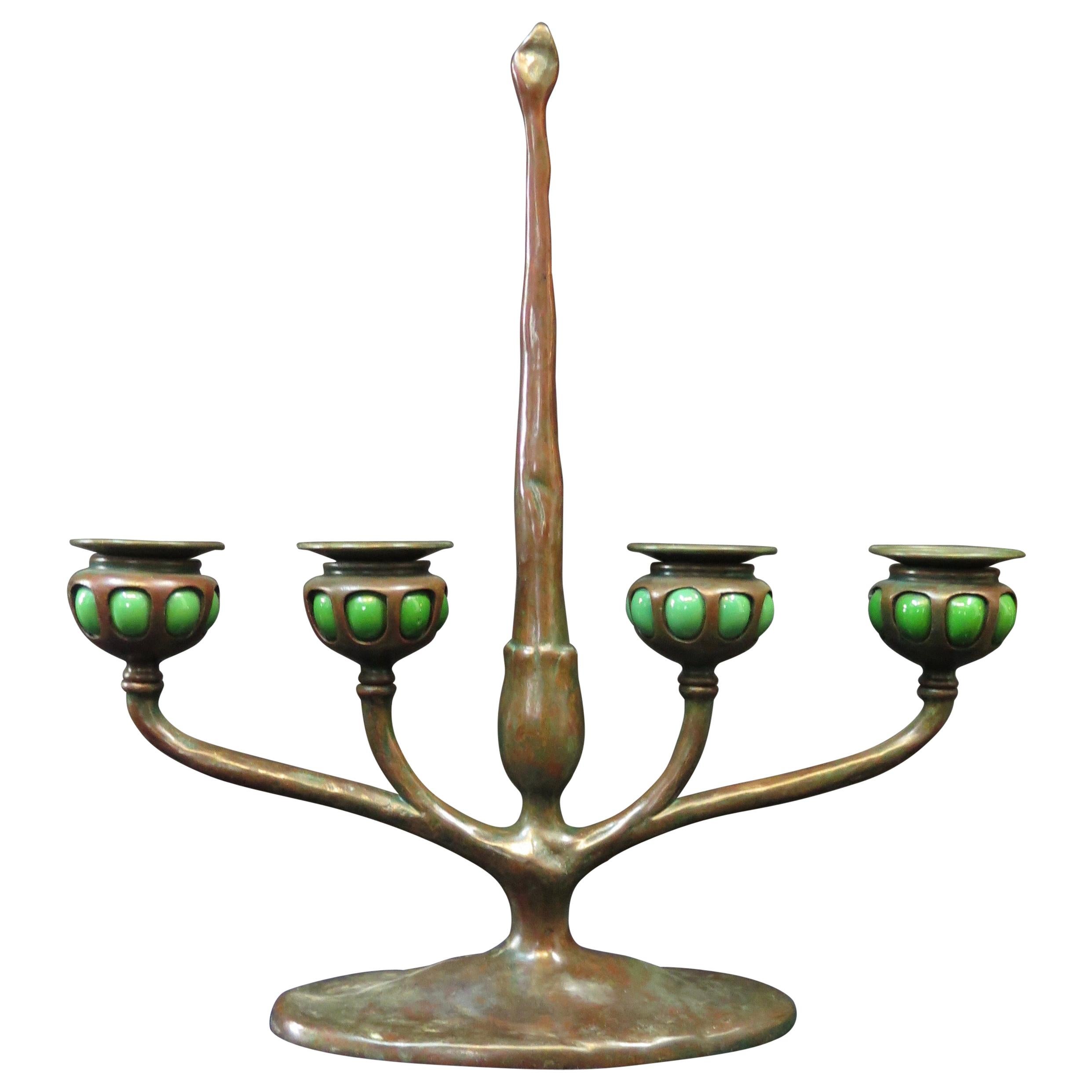 Tiffany Studios Four Place Candelabra with Blown Out Green Glass Candleholders