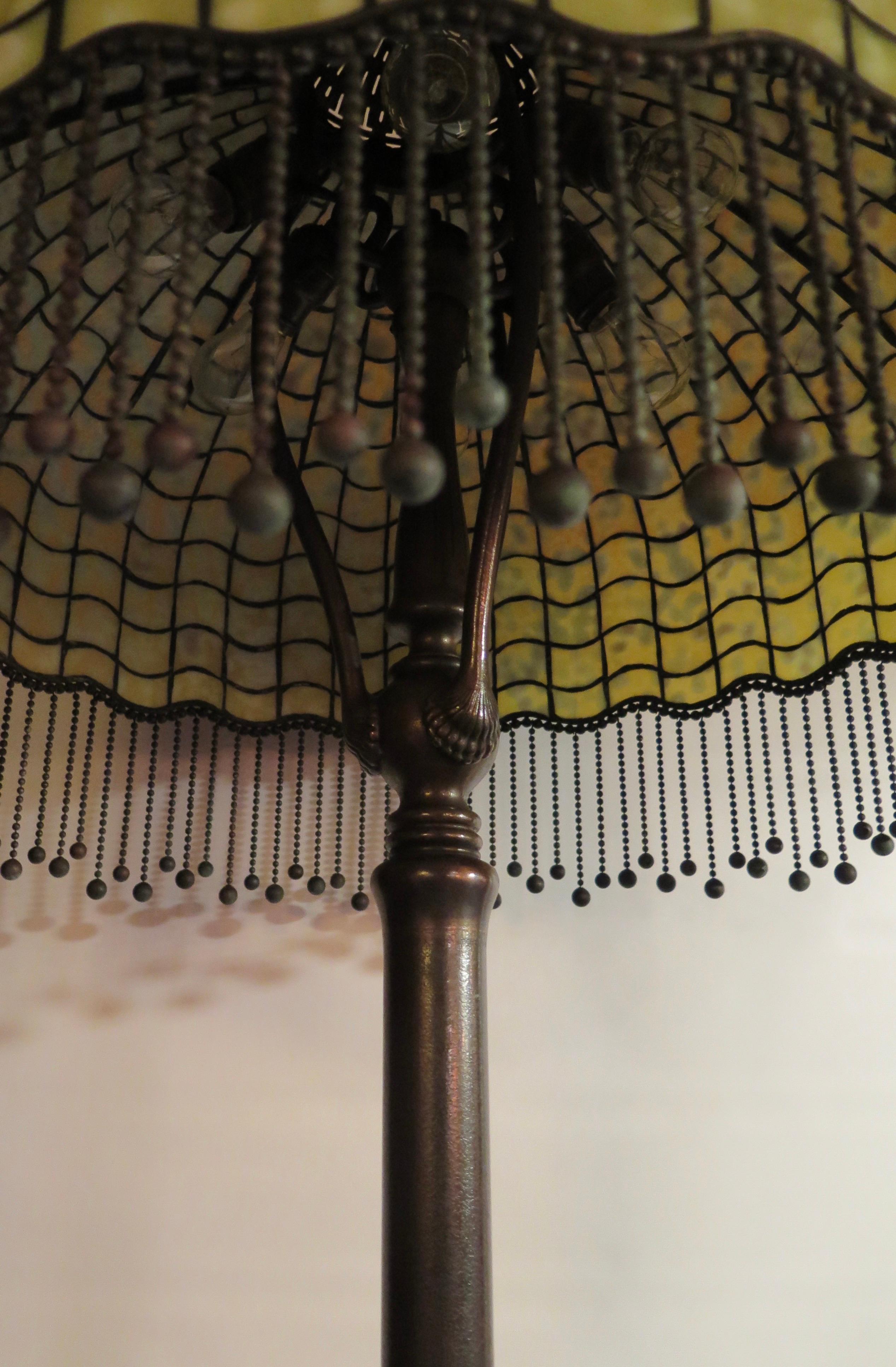 Patinated Tiffany Studios Geometric Floor Lamp with Fringe