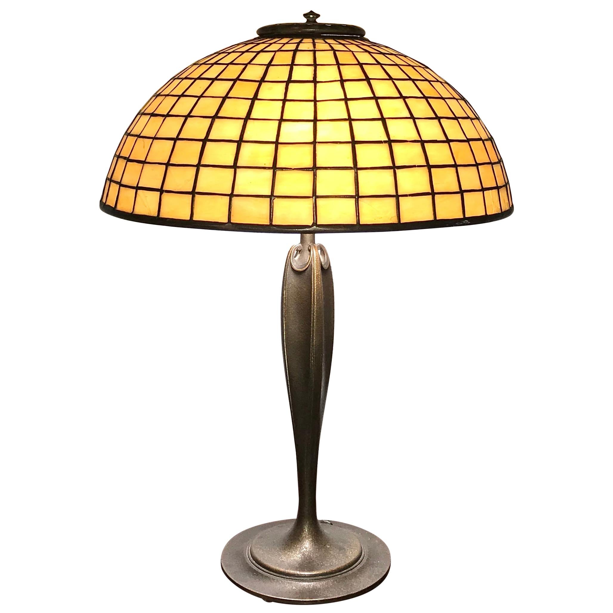 Tiffany Studios Geometric Stained Glass and Bronze Table Lamp