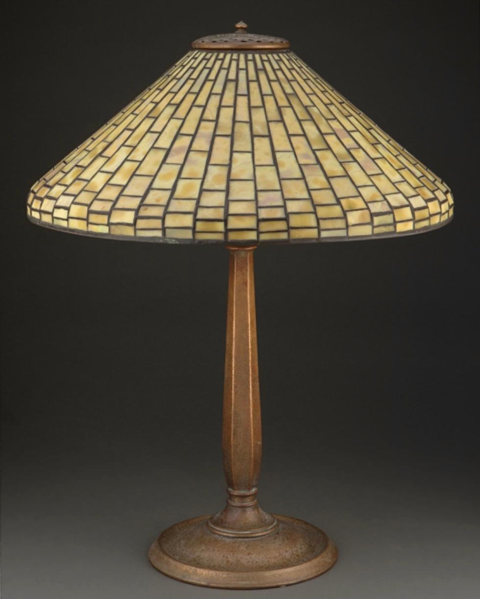 Cast Tiffany Studios Geometric Table Lamp For Sale