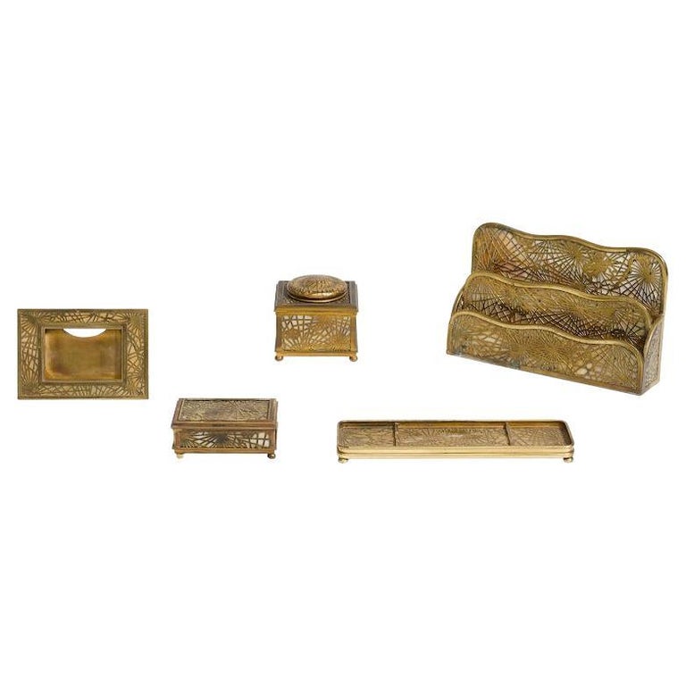 Tiffany Studios Gilt Bronze and Favrile Glass Desk Accessories For Sale