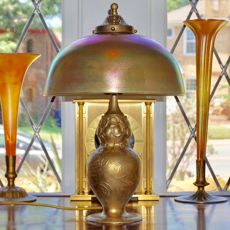 Art Nouveau Tiffany Studios Gilt Bronze and Favrile Table Lamp For Sale