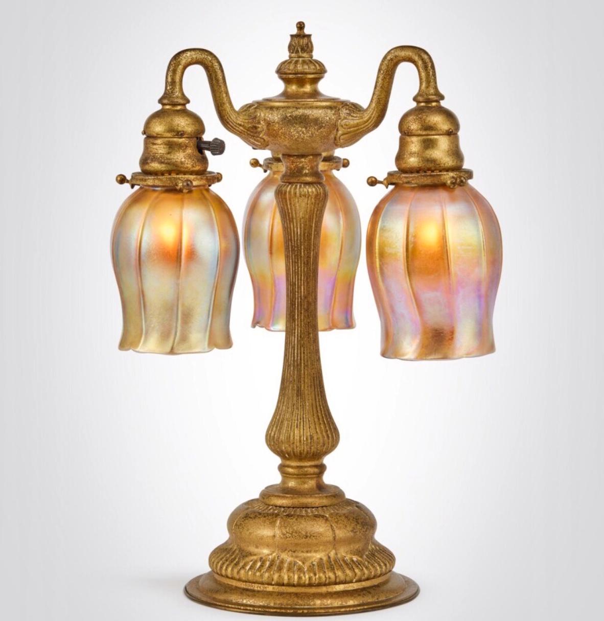 Art Nouveau Tiffany Studios Gilt Bronze Three Light Favrile Table Lamp