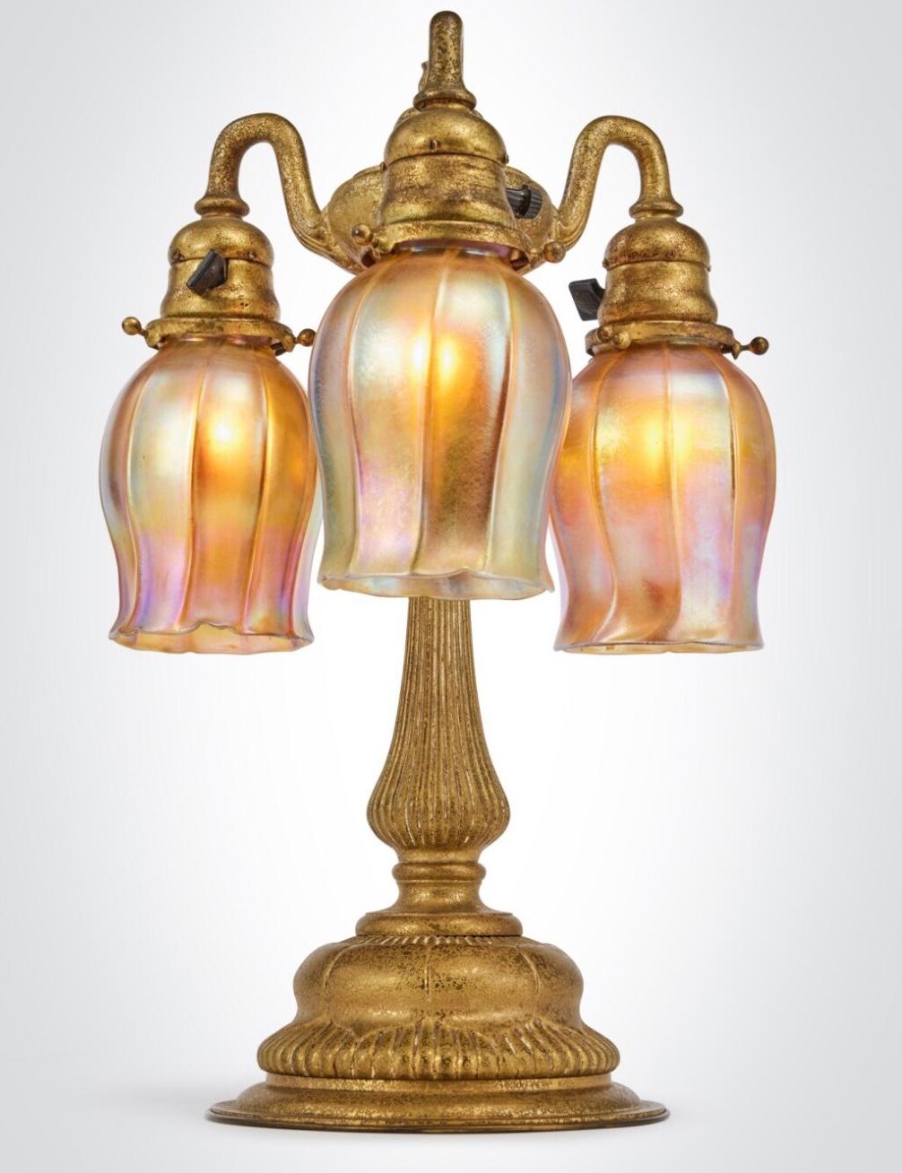 American Tiffany Studios Gilt Bronze Three Light Favrile Table Lamp