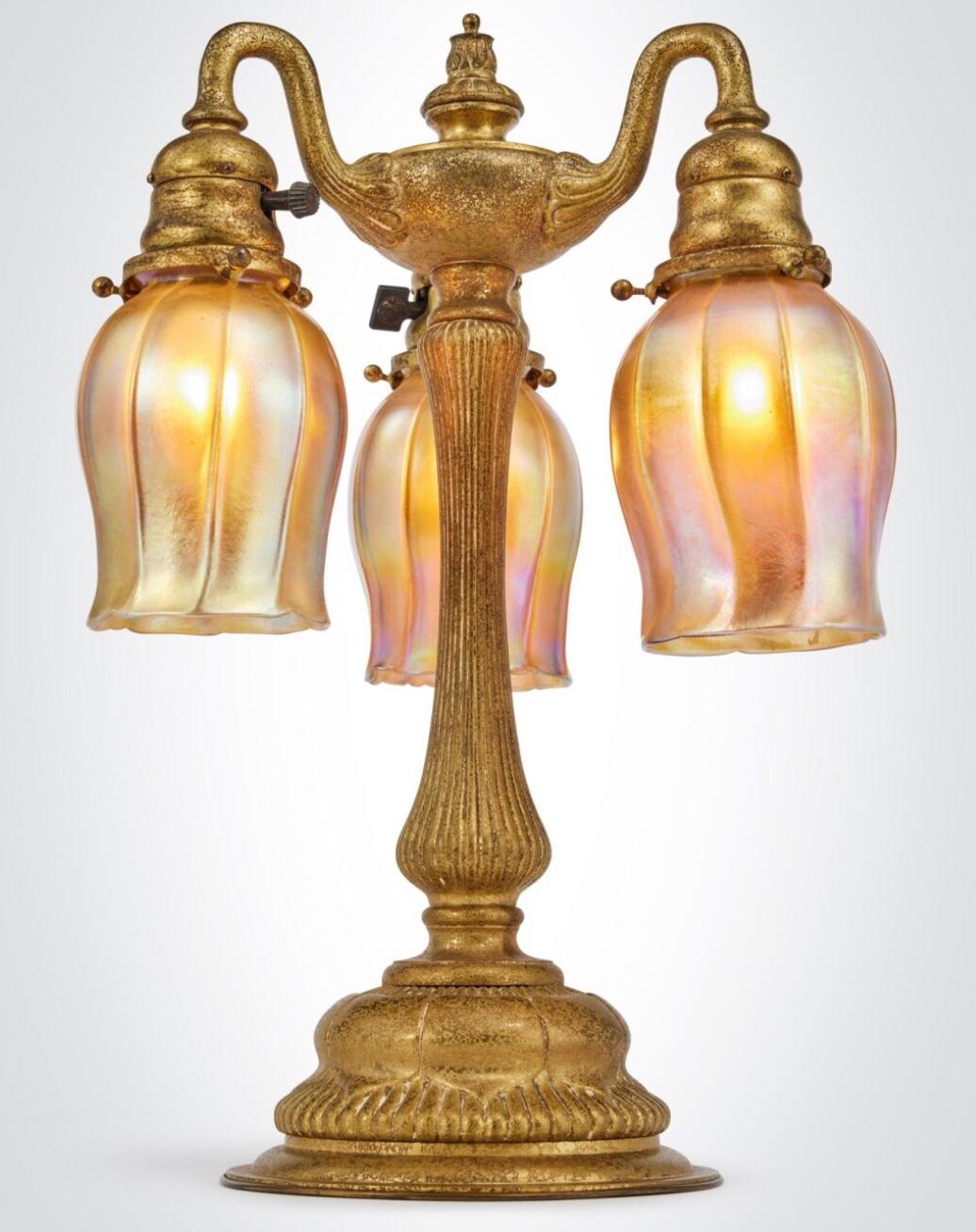 Hand-Crafted Tiffany Studios Gilt Bronze Three Light Favrile Table Lamp