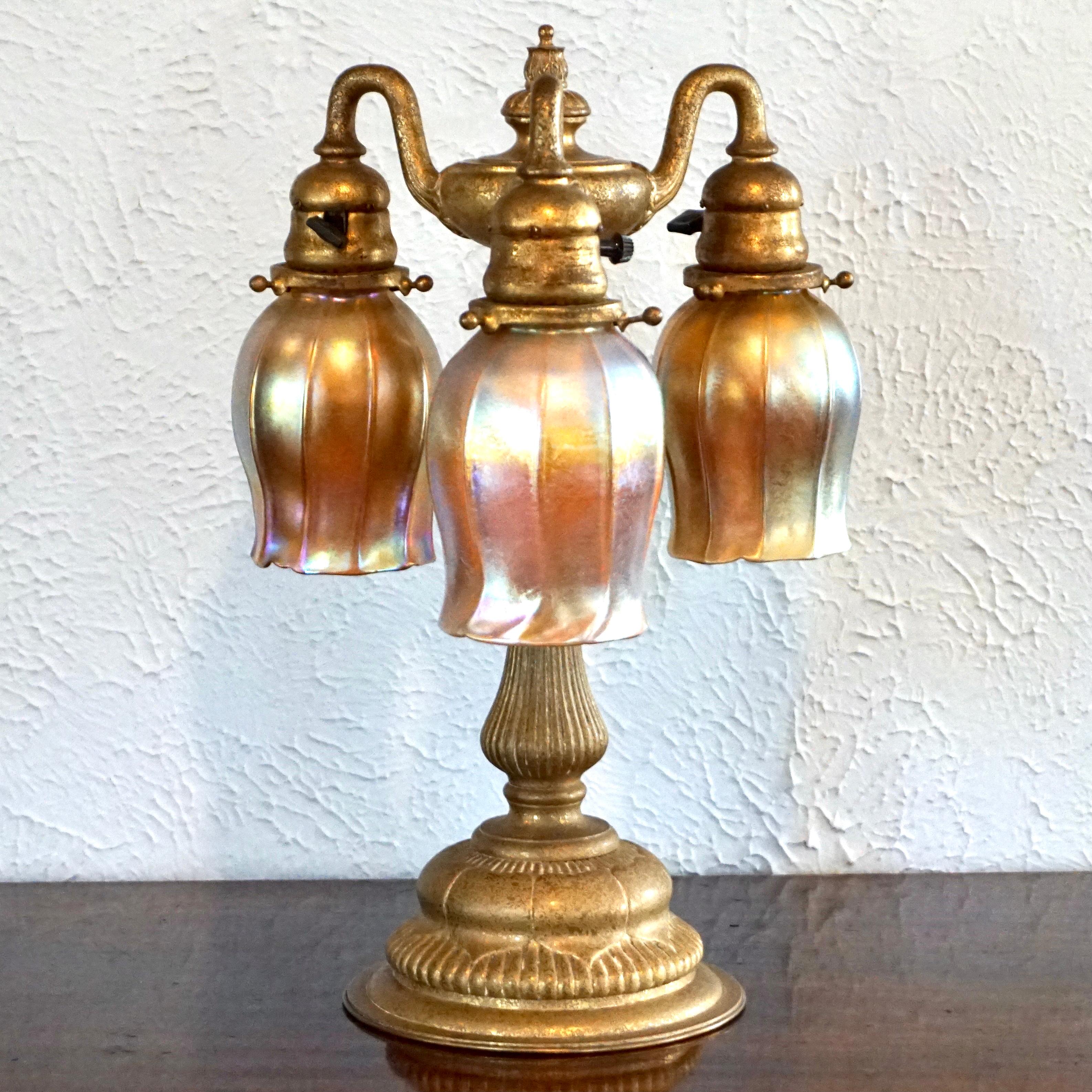 Tiffany Studios Gilt Bronze Three Light Favrile Table Lamp 1