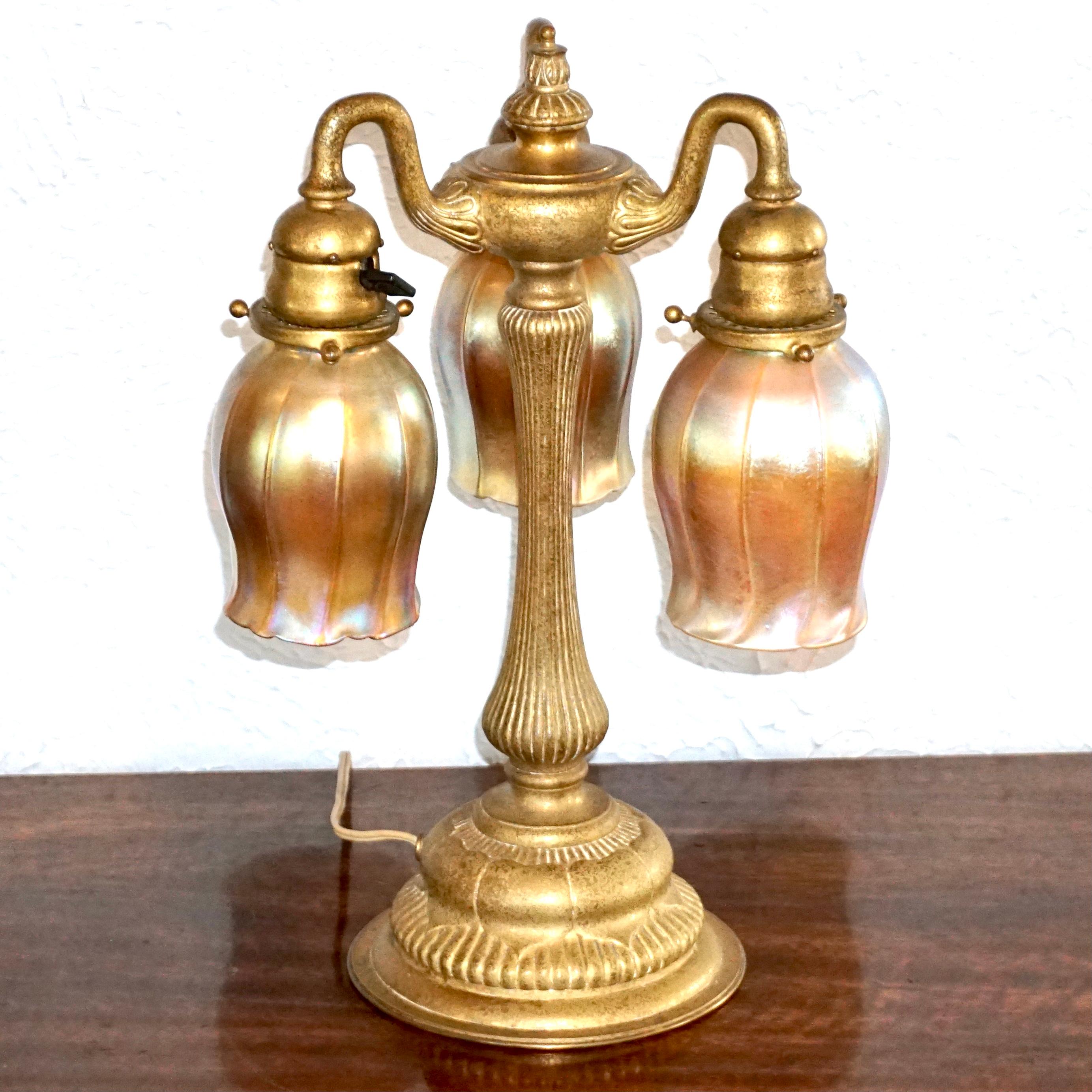 Tiffany Studios Gilt Bronze Three Light Favrile Table Lamp 2
