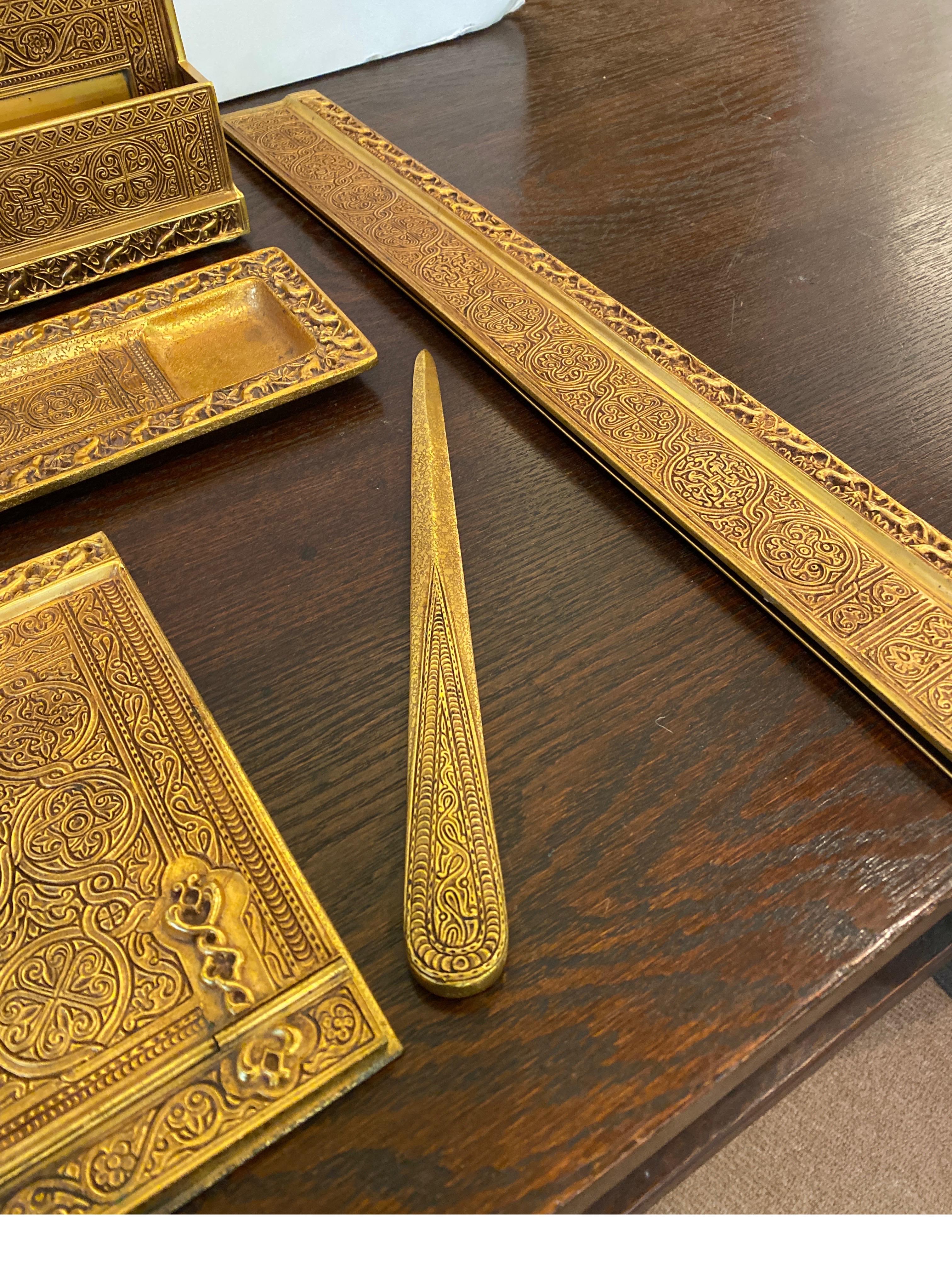 Arts and Crafts Tiffany Studios Gilt Bronze Venetian Desk Set, Circa 1915