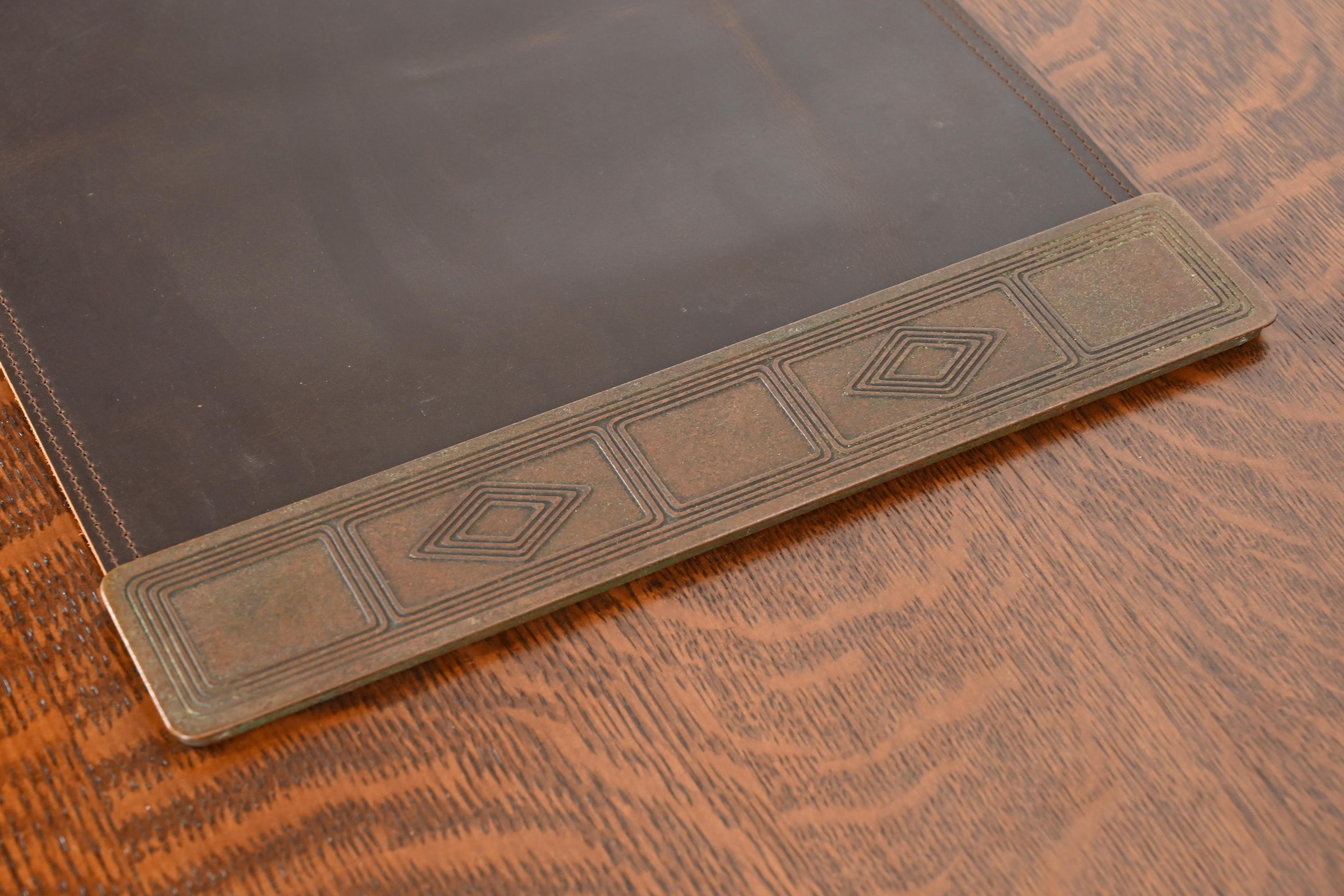 American Tiffany Studios Graduate Pattern Bronze Blotter Ends With Leather Desk Blotter
