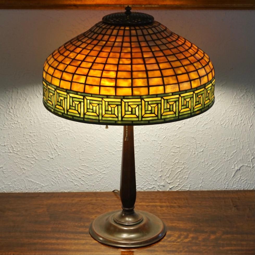 American Tiffany Studios Greek Key Table Lamp For Sale