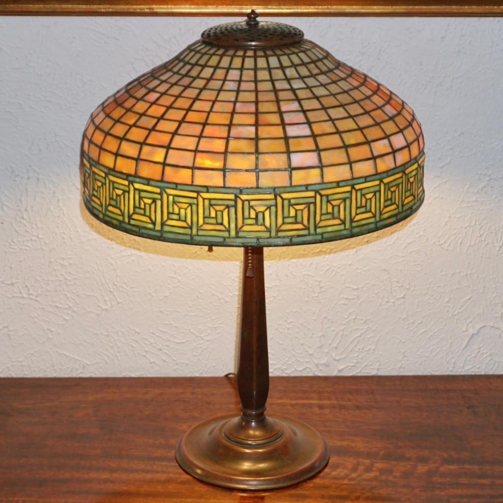 Hand-Crafted Tiffany Studios Greek Key Table Lamp For Sale