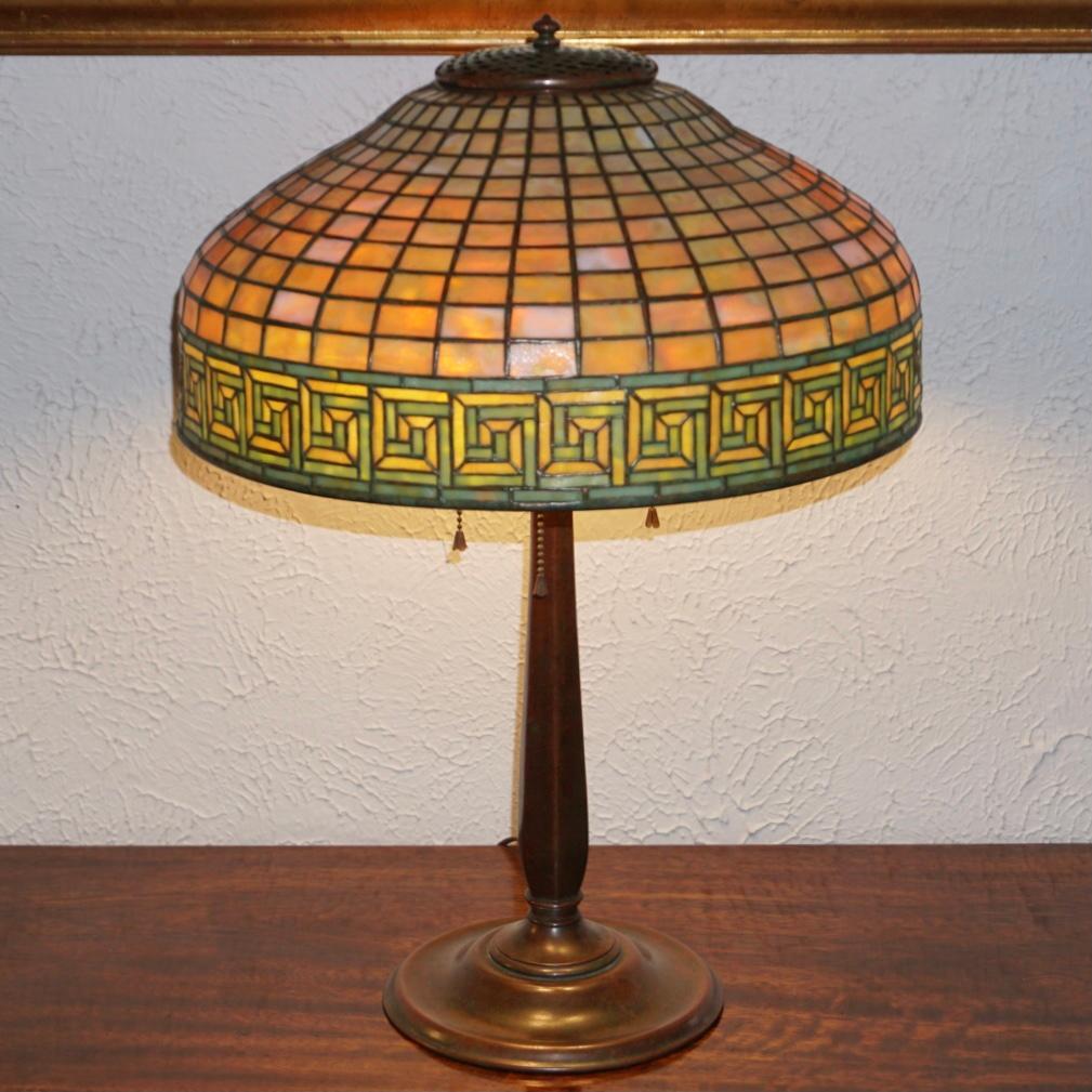 Tiffany Studios Greek Key Table Lamp In Good Condition For Sale In Dallas, TX