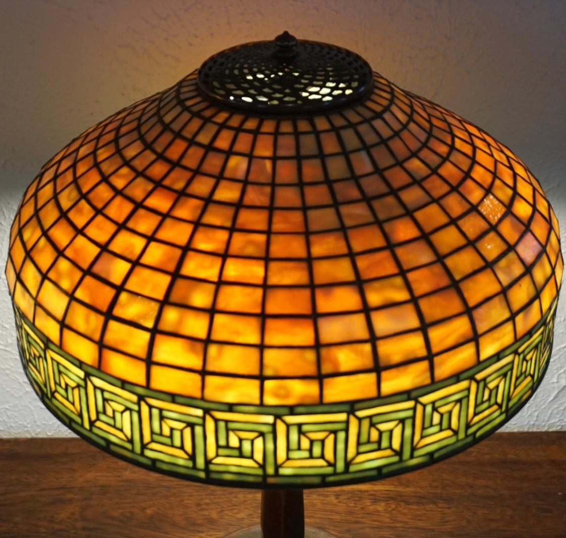 Bronze Tiffany Studios Greek Key Table Lamp For Sale