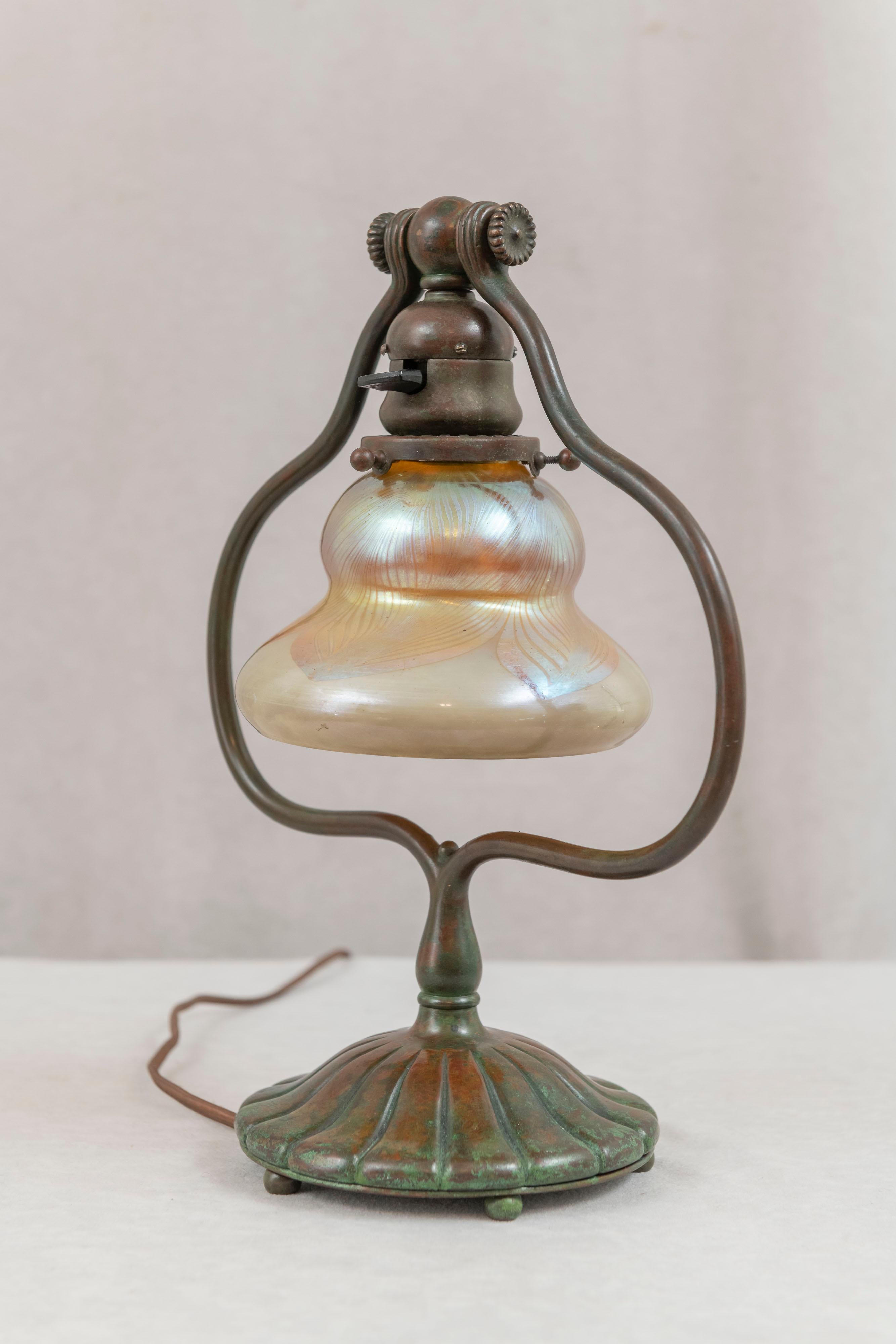 Hand-Crafted Tiffany & Co. Studios Harp Lamp W/ Pulled Feather Art Glass Shade, Ca. 1905